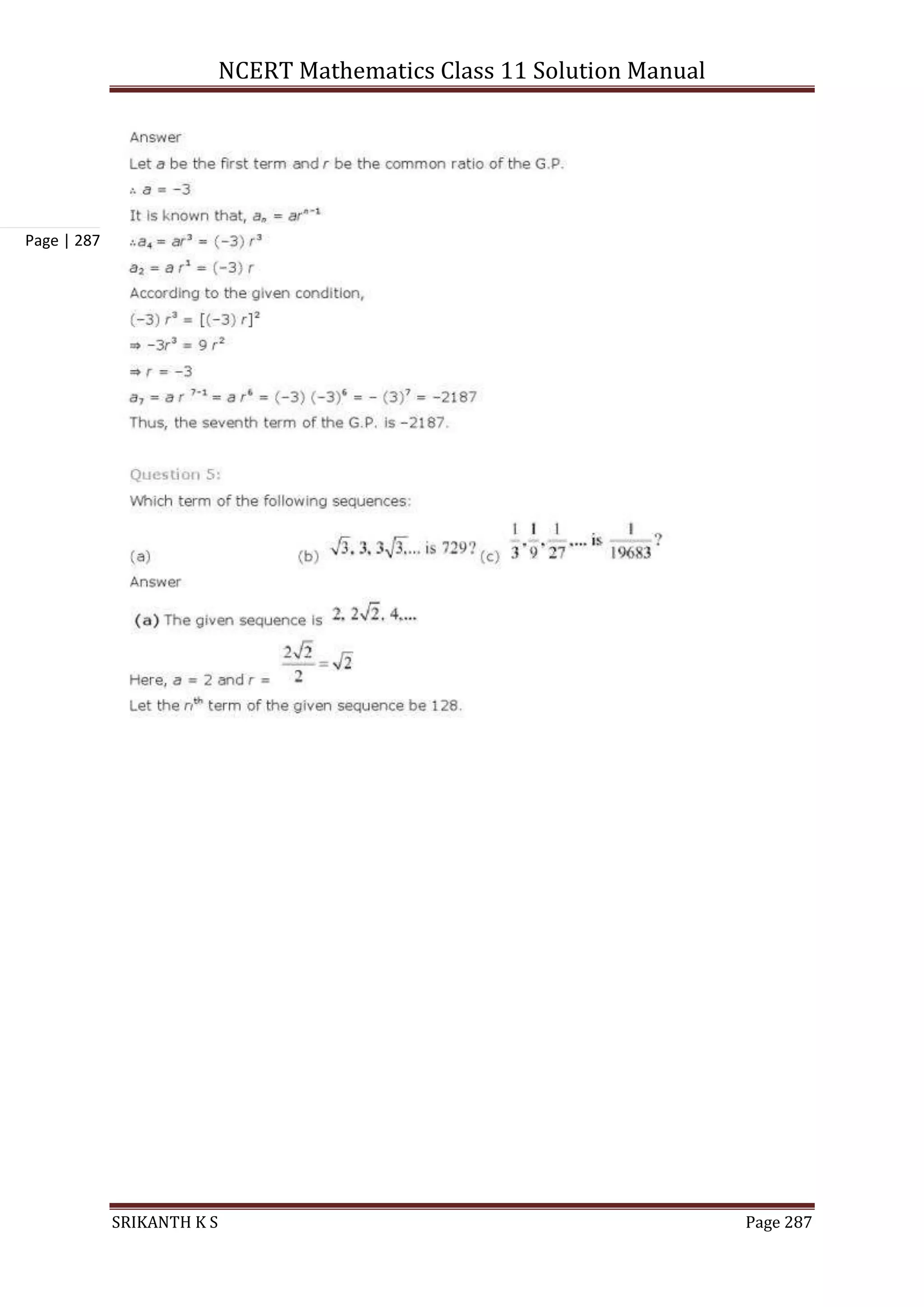 NCERT Mathematics Class 11 Solution Manual
SRIKANTH K S Page 287
Page | 287
 
