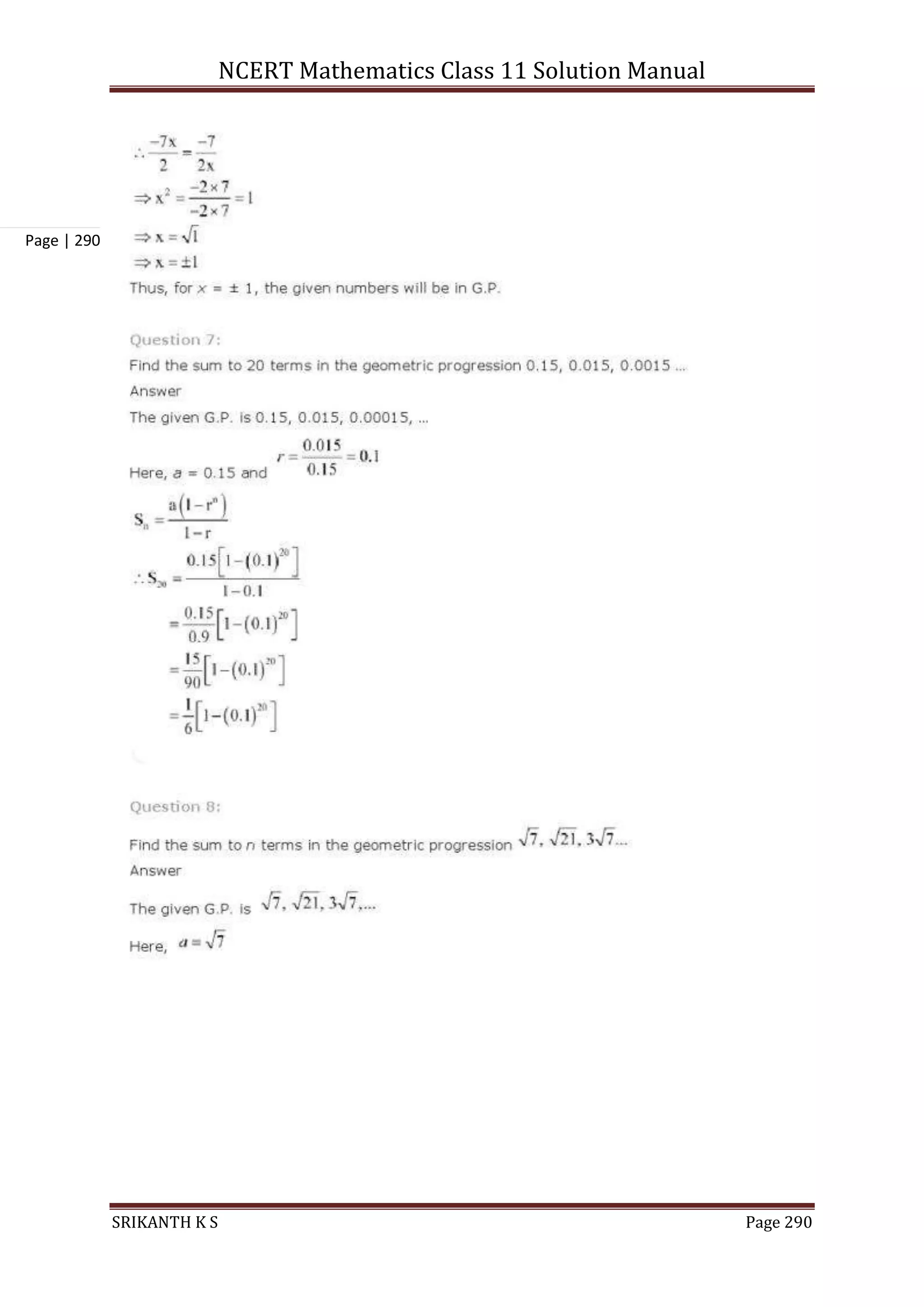 NCERT Mathematics Class 11 Solution Manual
SRIKANTH K S Page 290
Page | 290
 