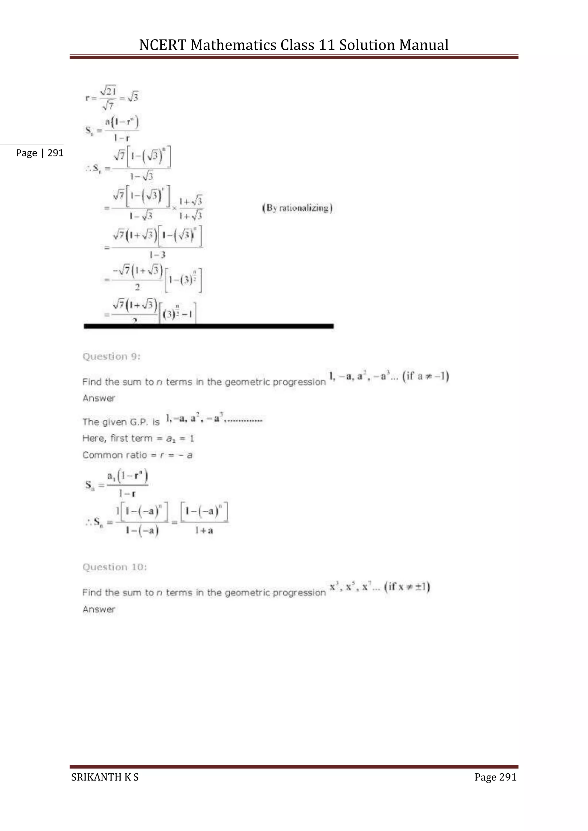 NCERT Mathematics Class 11 Solution Manual
SRIKANTH K S Page 291
Page | 291
 