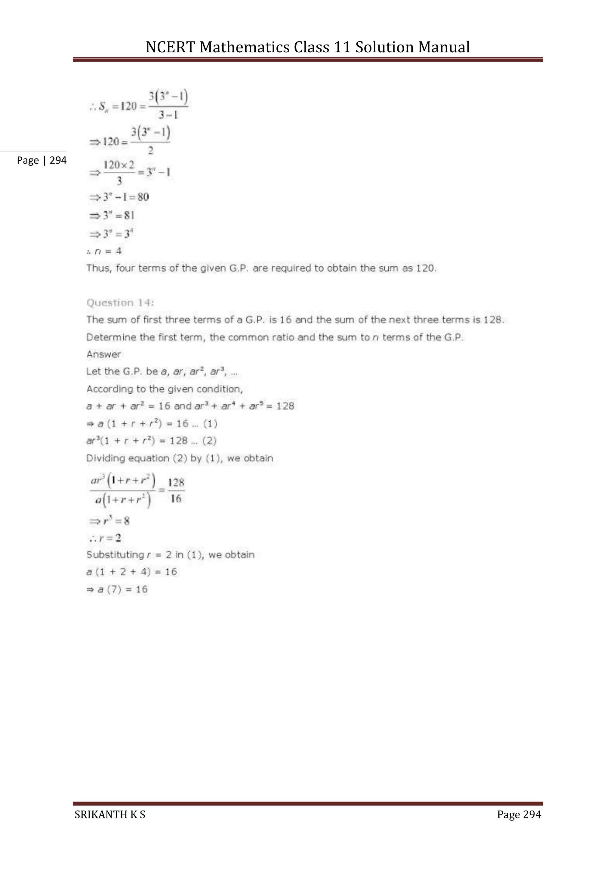 NCERT Mathematics Class 11 Solution Manual
SRIKANTH K S Page 294
Page | 294
 