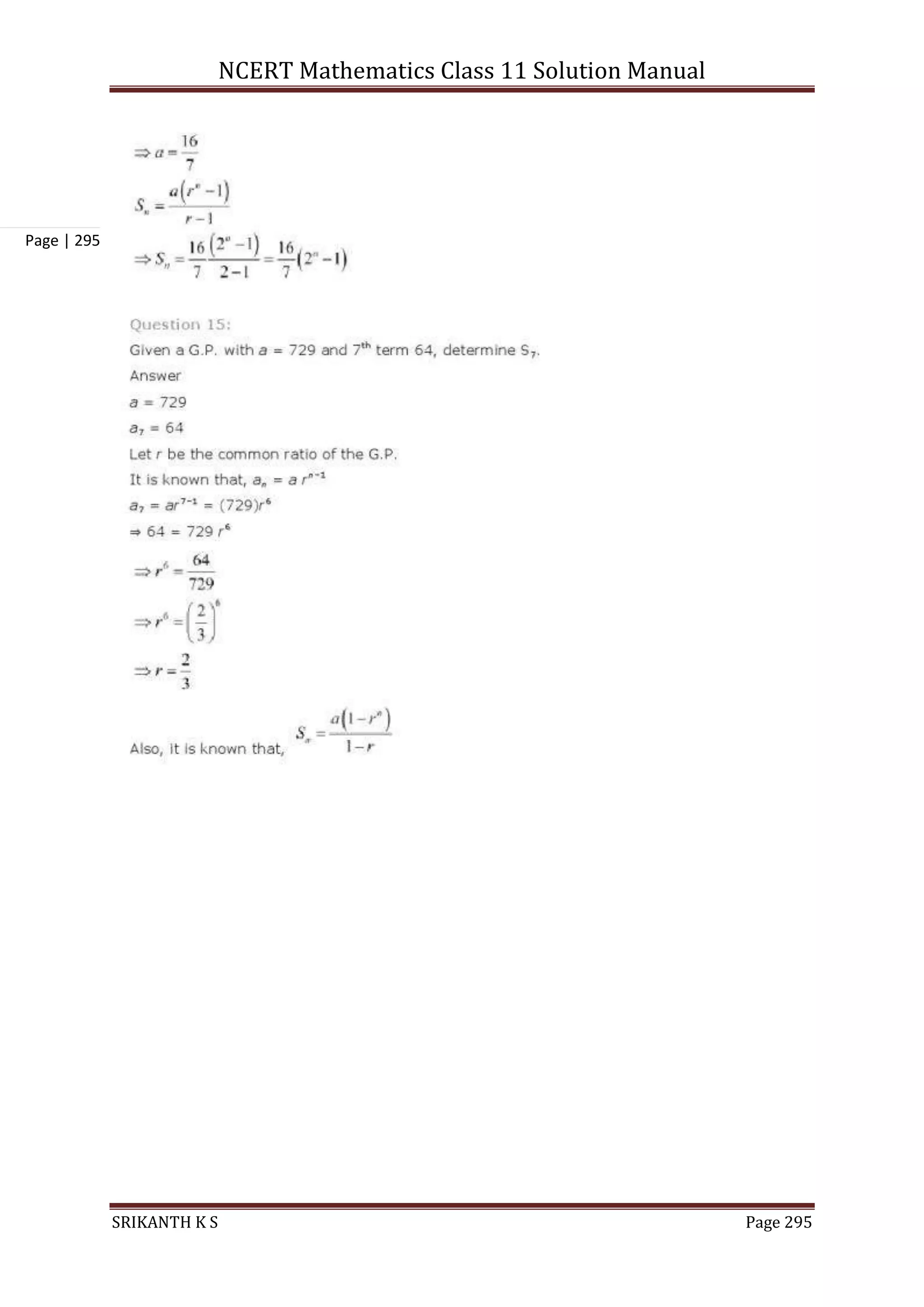NCERT Mathematics Class 11 Solution Manual
SRIKANTH K S Page 295
Page | 295
 