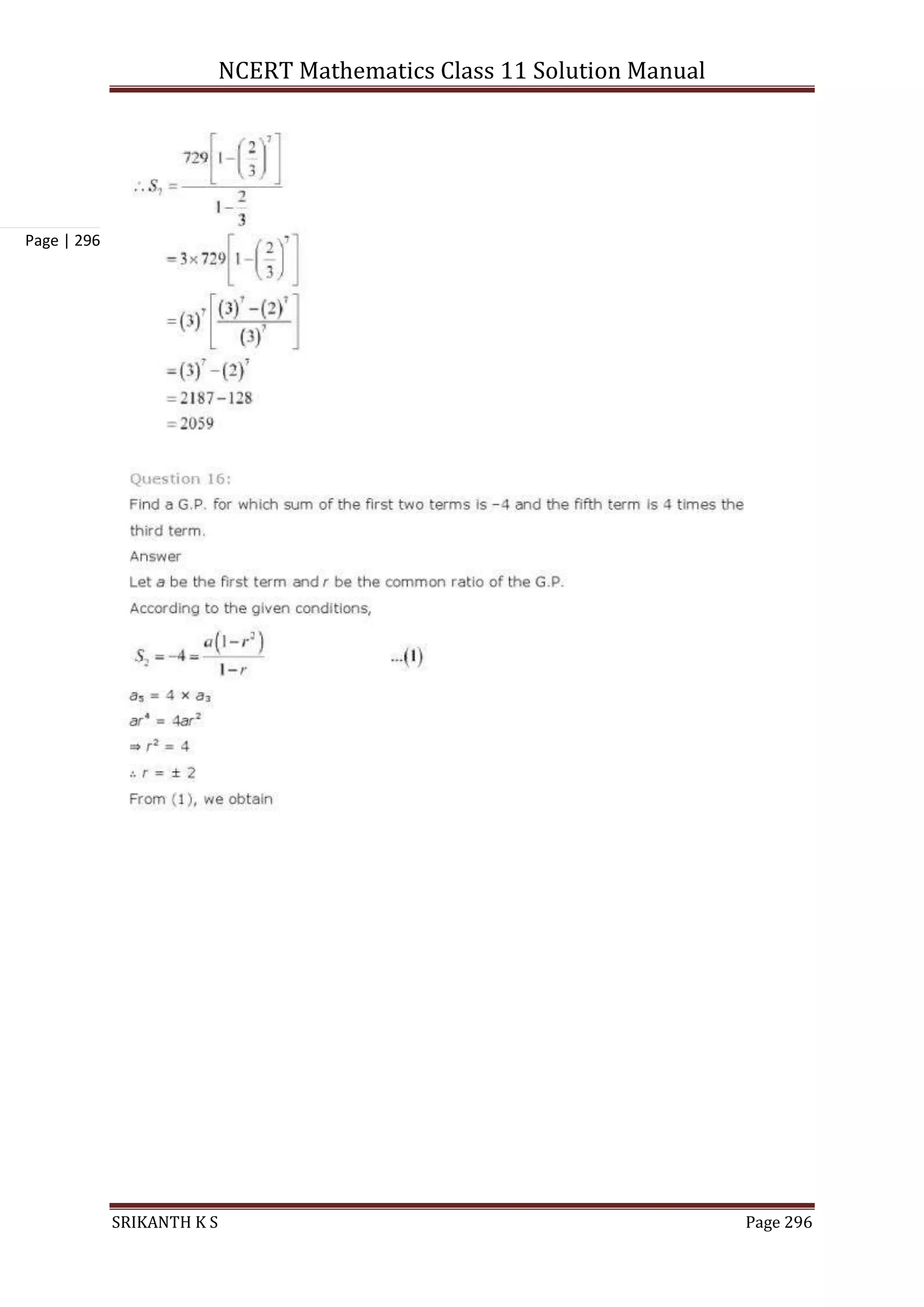 NCERT Mathematics Class 11 Solution Manual
SRIKANTH K S Page 296
Page | 296
 
