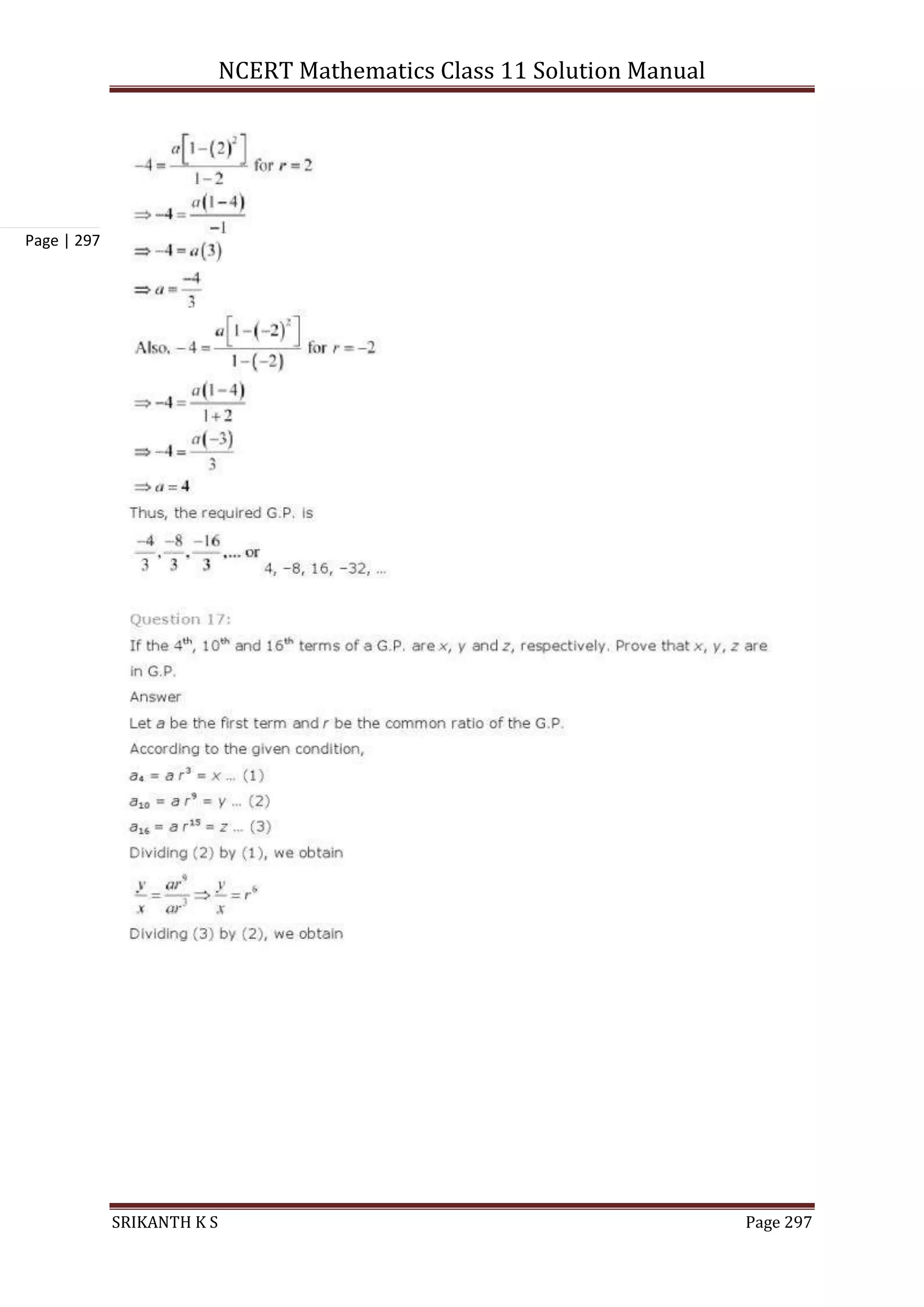 NCERT Mathematics Class 11 Solution Manual
SRIKANTH K S Page 297
Page | 297
 