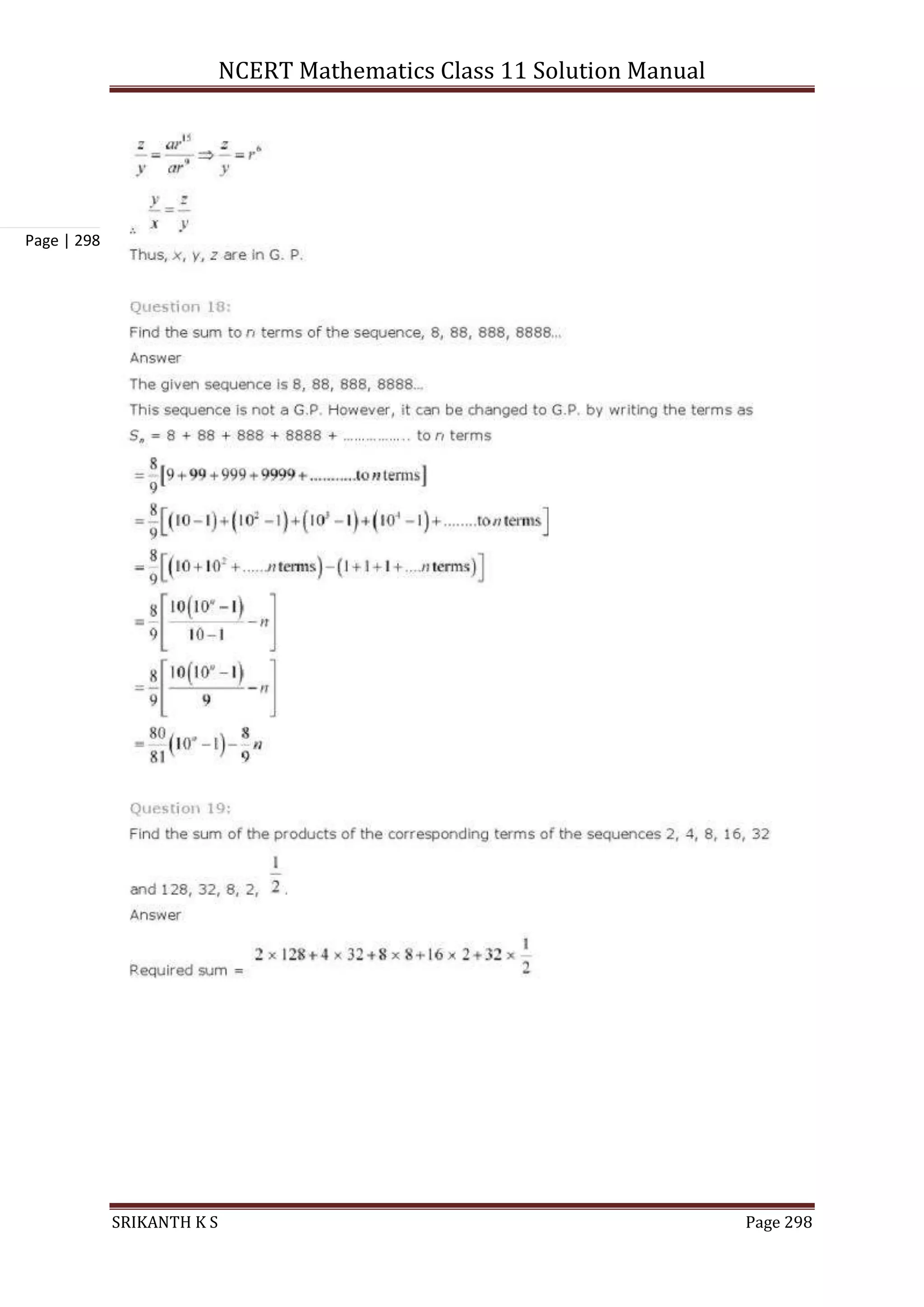 NCERT Mathematics Class 11 Solution Manual
SRIKANTH K S Page 298
Page | 298
 
