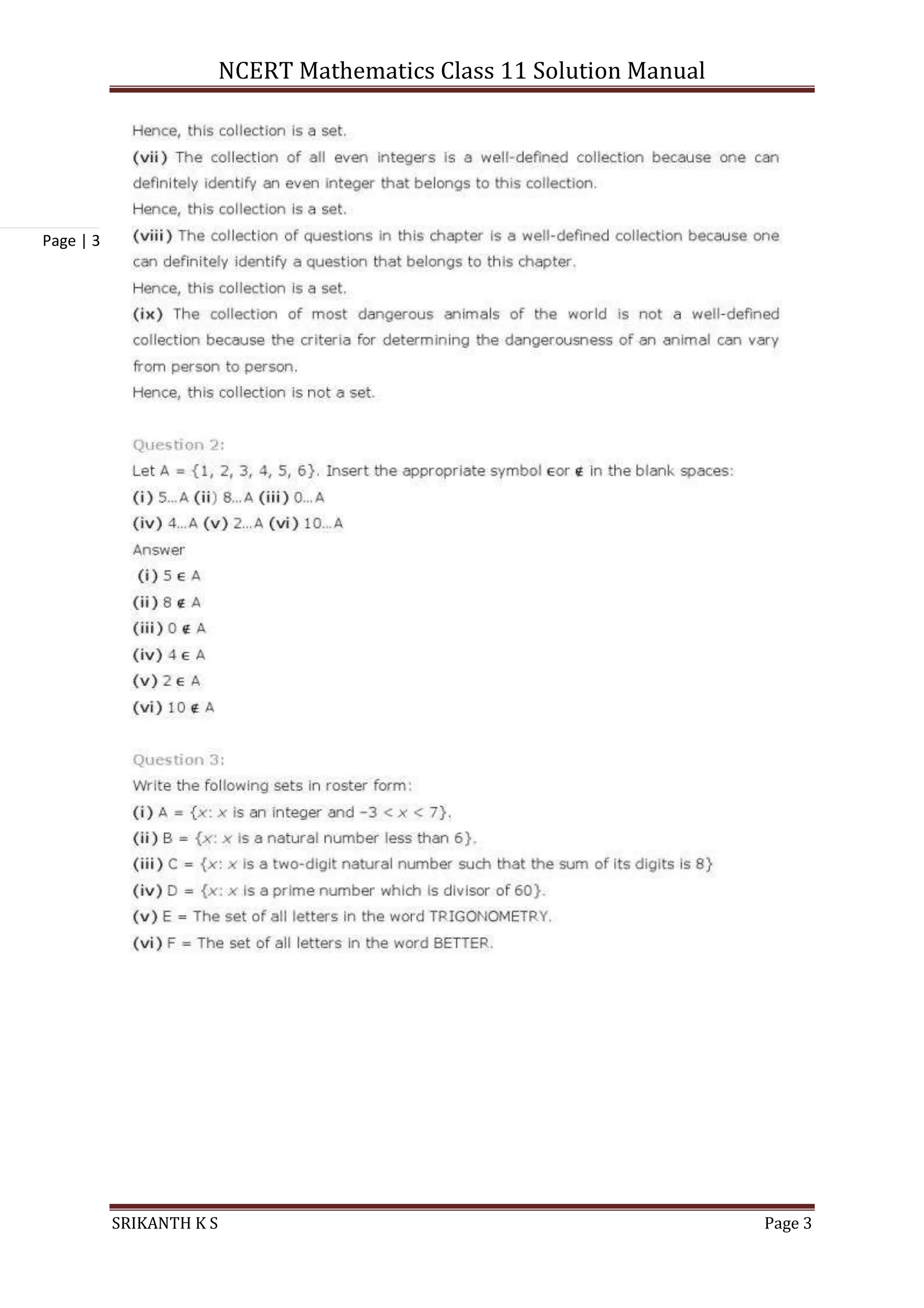NCERT Mathematics Class 11 Solution Manual
SRIKANTH K S Page 3
Page | 3
 