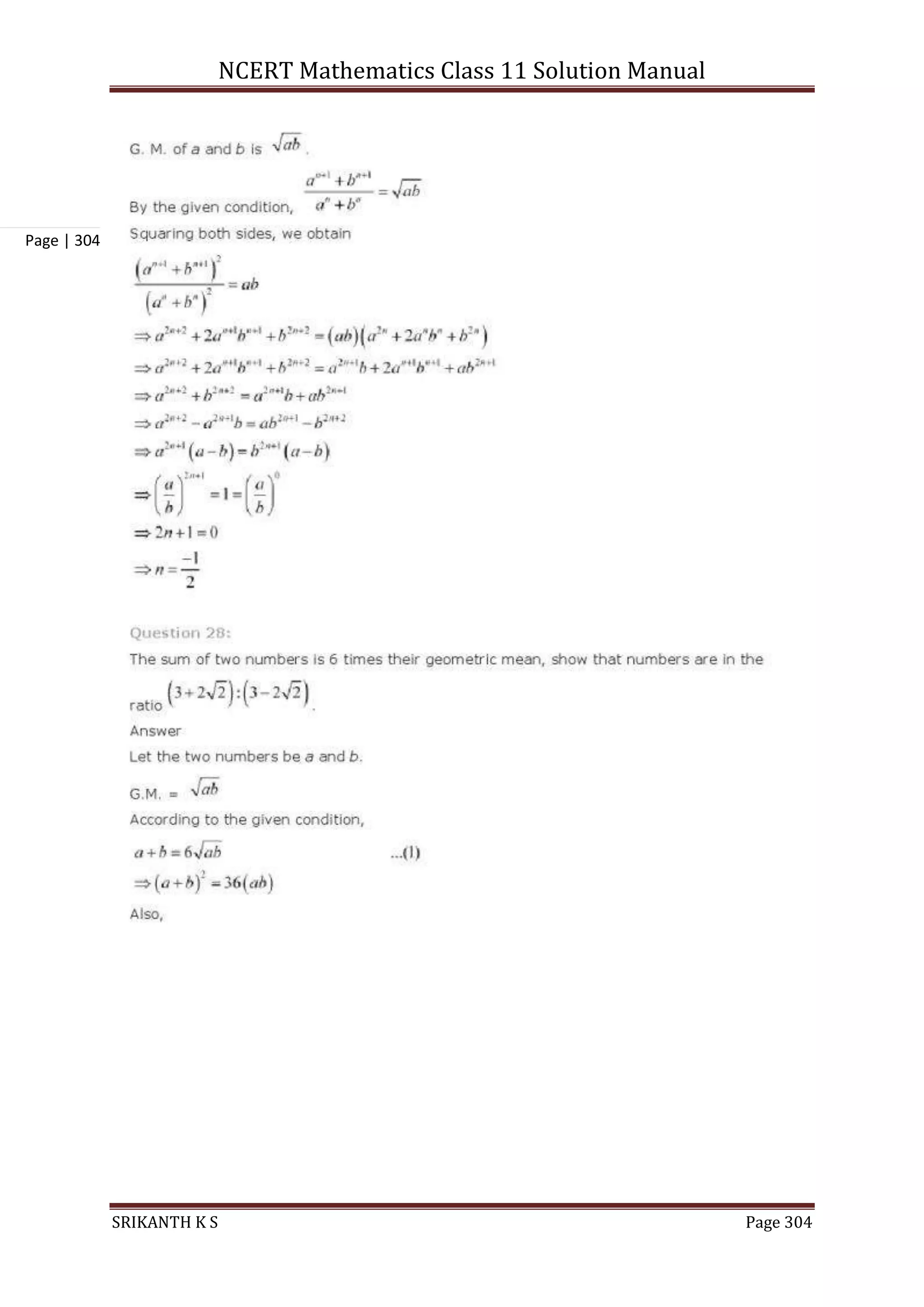 NCERT Mathematics Class 11 Solution Manual
SRIKANTH K S Page 304
Page | 304
 