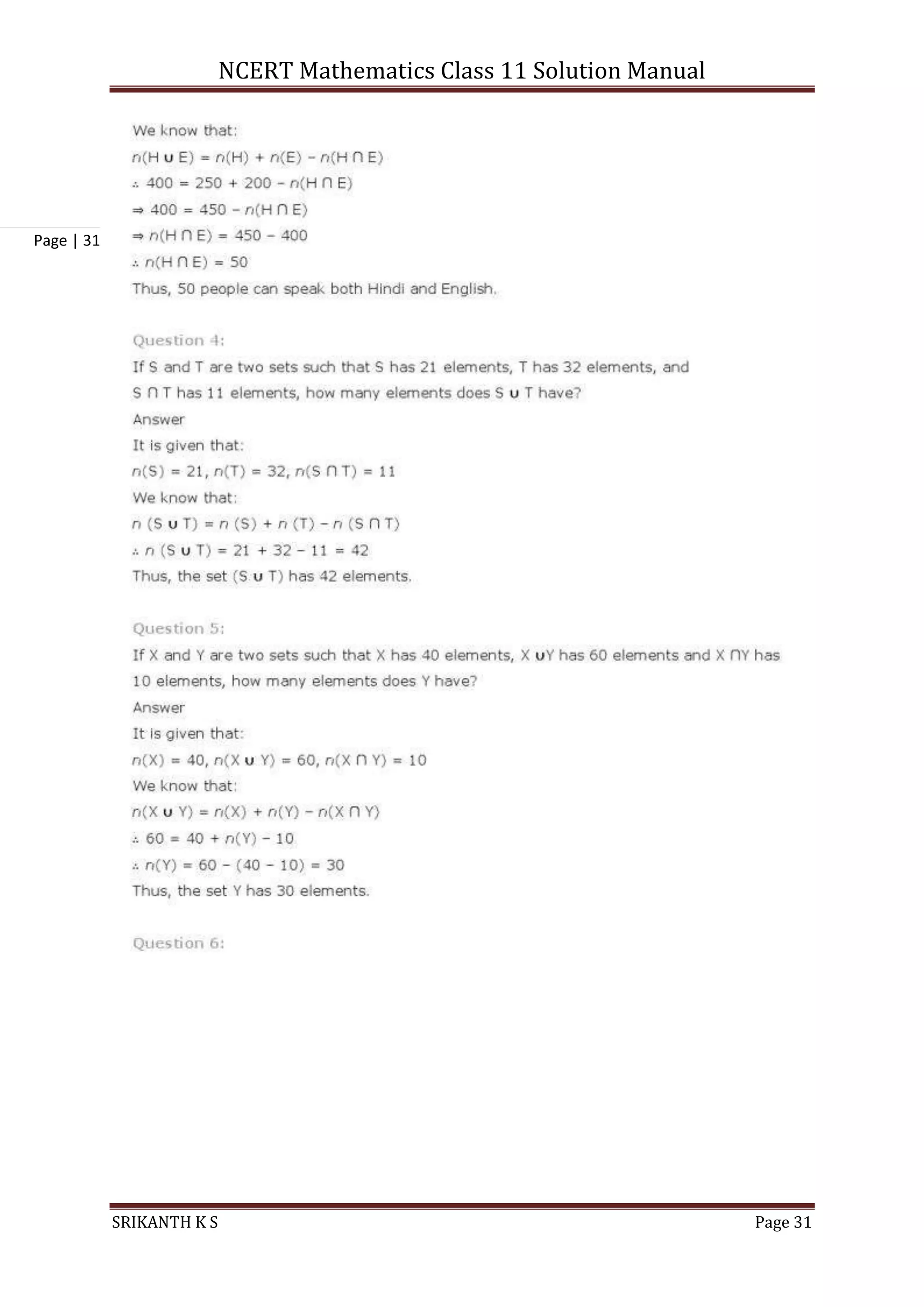NCERT Mathematics Class 11 Solution Manual
SRIKANTH K S Page 31
Page | 31
 