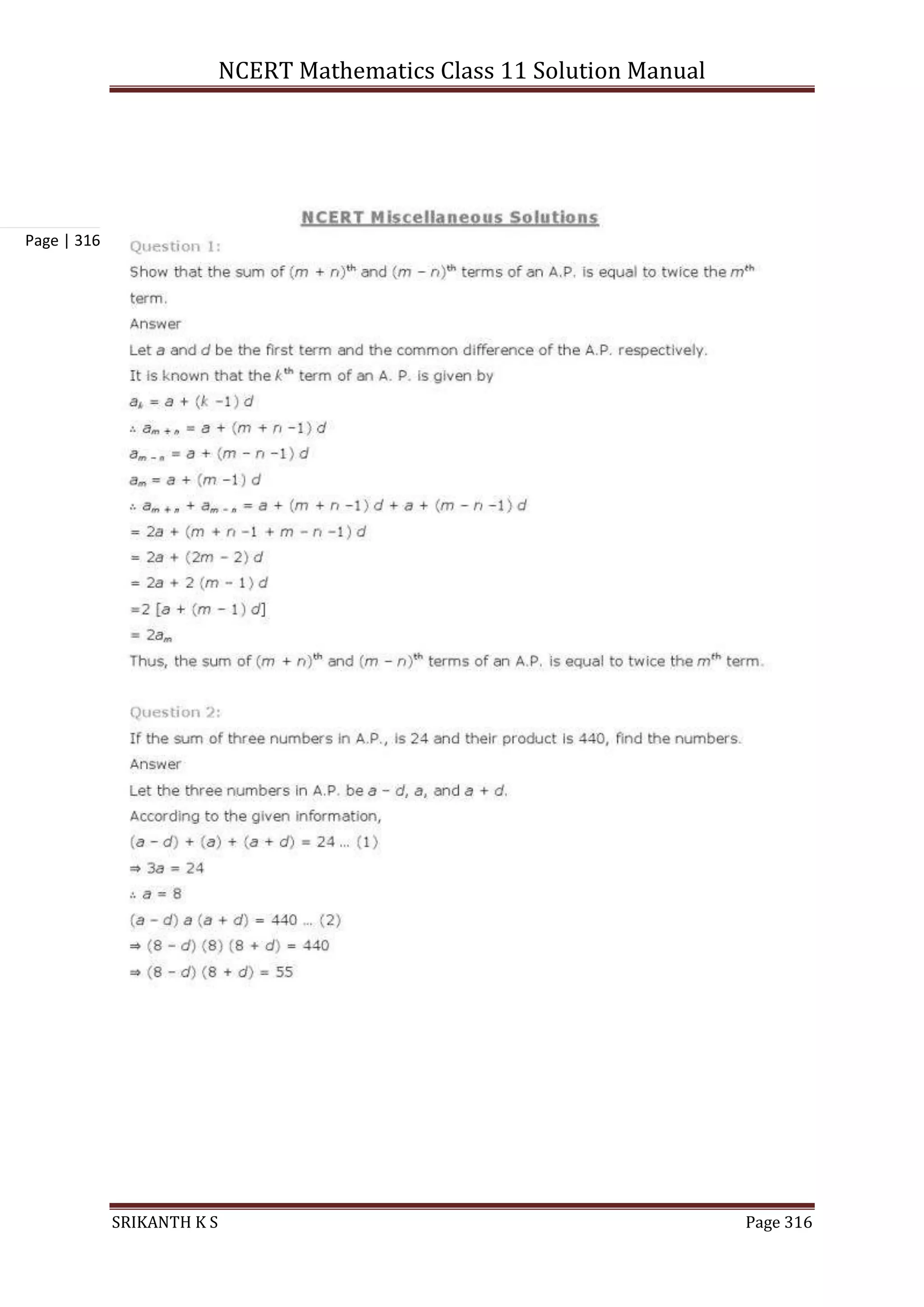 NCERT Mathematics Class 11 Solution Manual
SRIKANTH K S Page 316
Page | 316
 