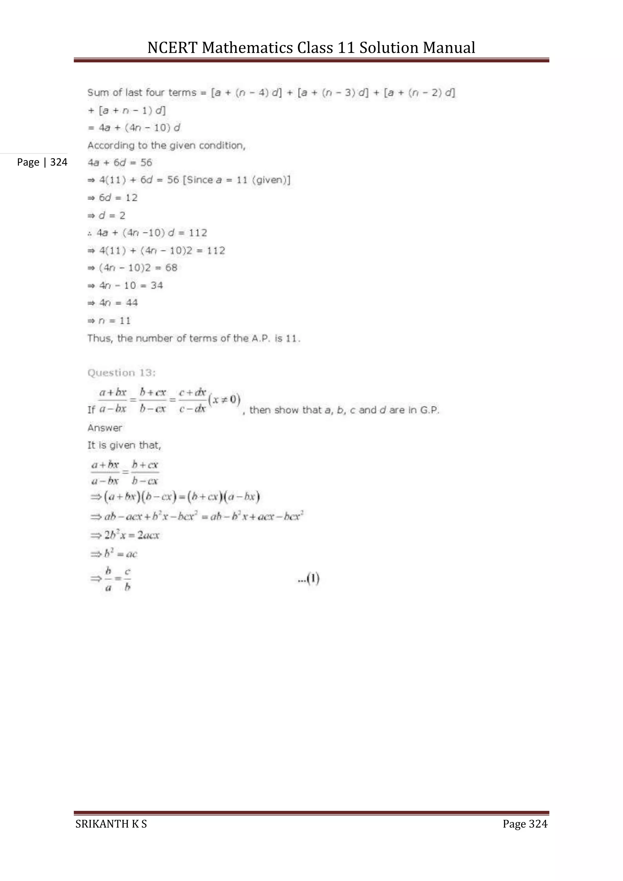 NCERT Mathematics Class 11 Solution Manual
SRIKANTH K S Page 324
Page | 324
 