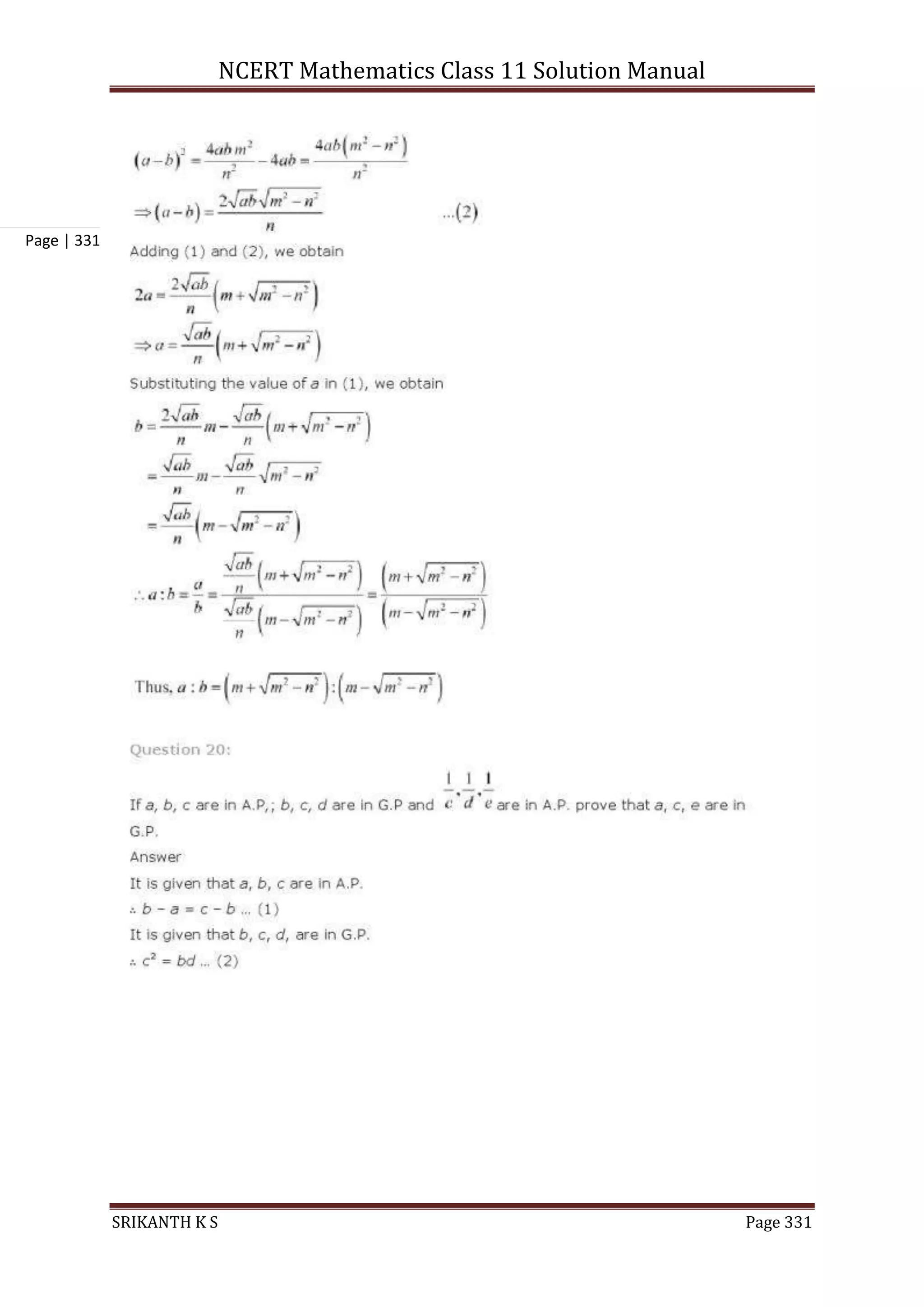NCERT Mathematics Class 11 Solution Manual
SRIKANTH K S Page 331
Page | 331
 