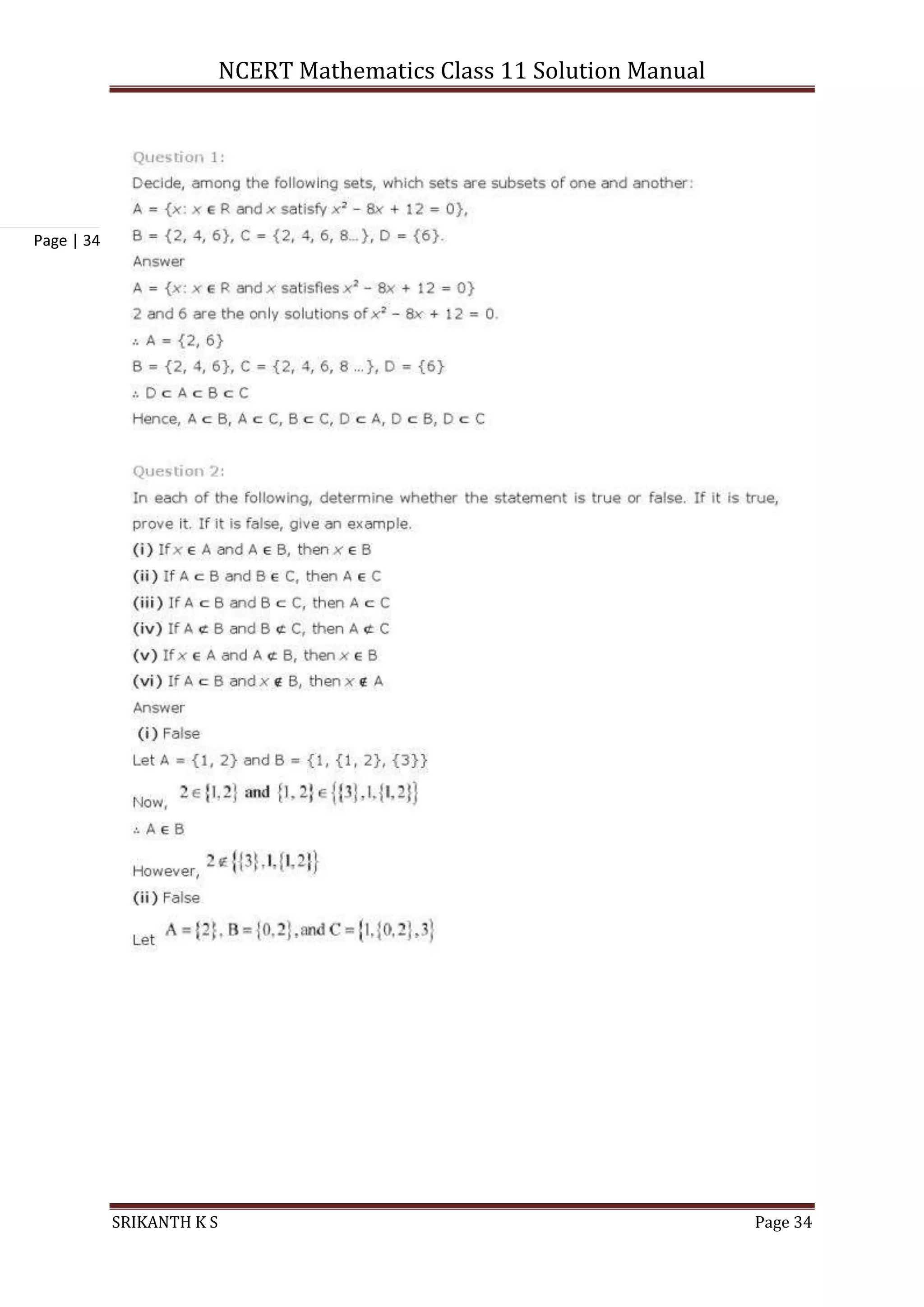 NCERT Mathematics Class 11 Solution Manual
SRIKANTH K S Page 34
Page | 34
 