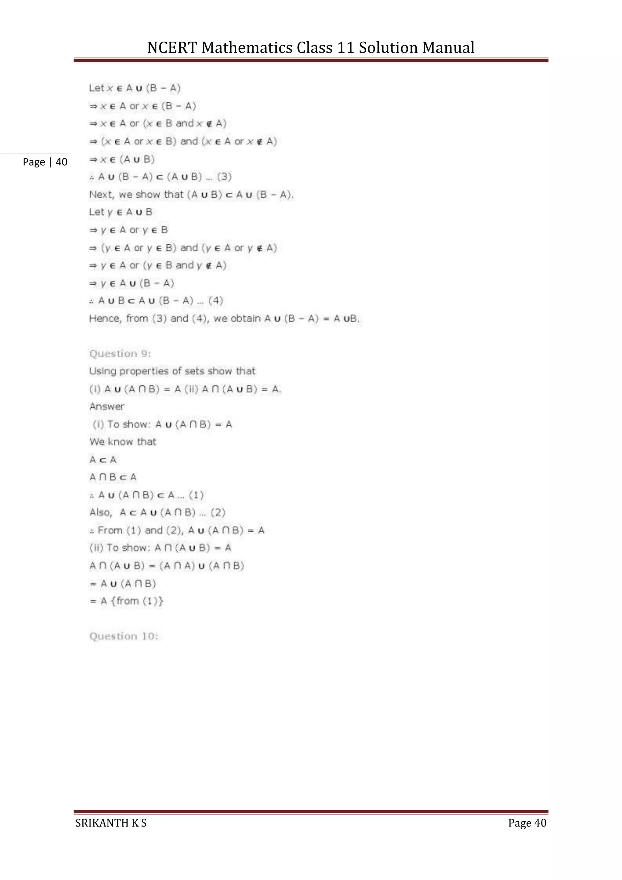 NCERT Mathematics Class 11 Solution Manual
SRIKANTH K S Page 40
Page | 40
 