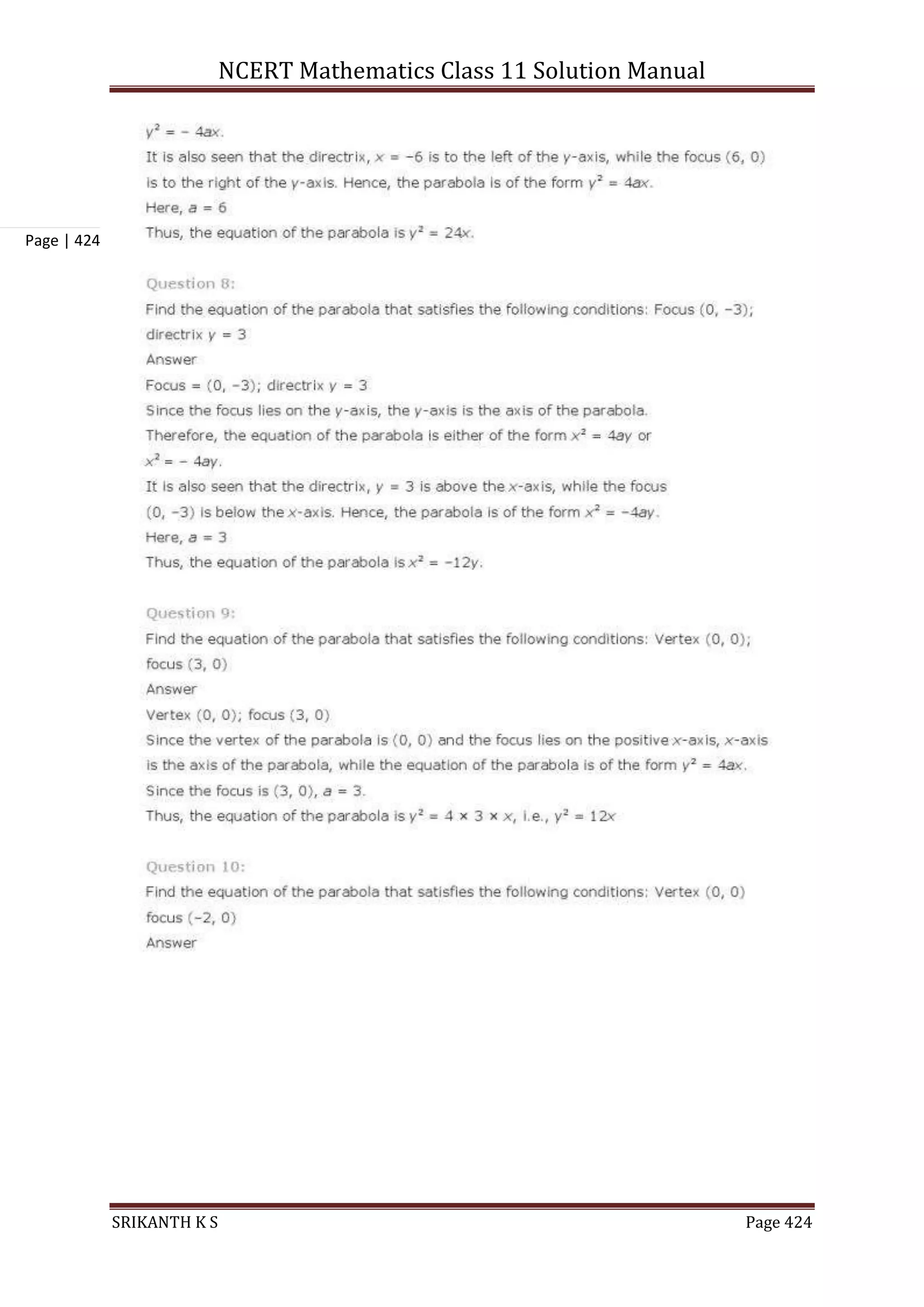 NCERT Mathematics Class 11 Solution Manual
SRIKANTH K S Page 424
Page | 424
 