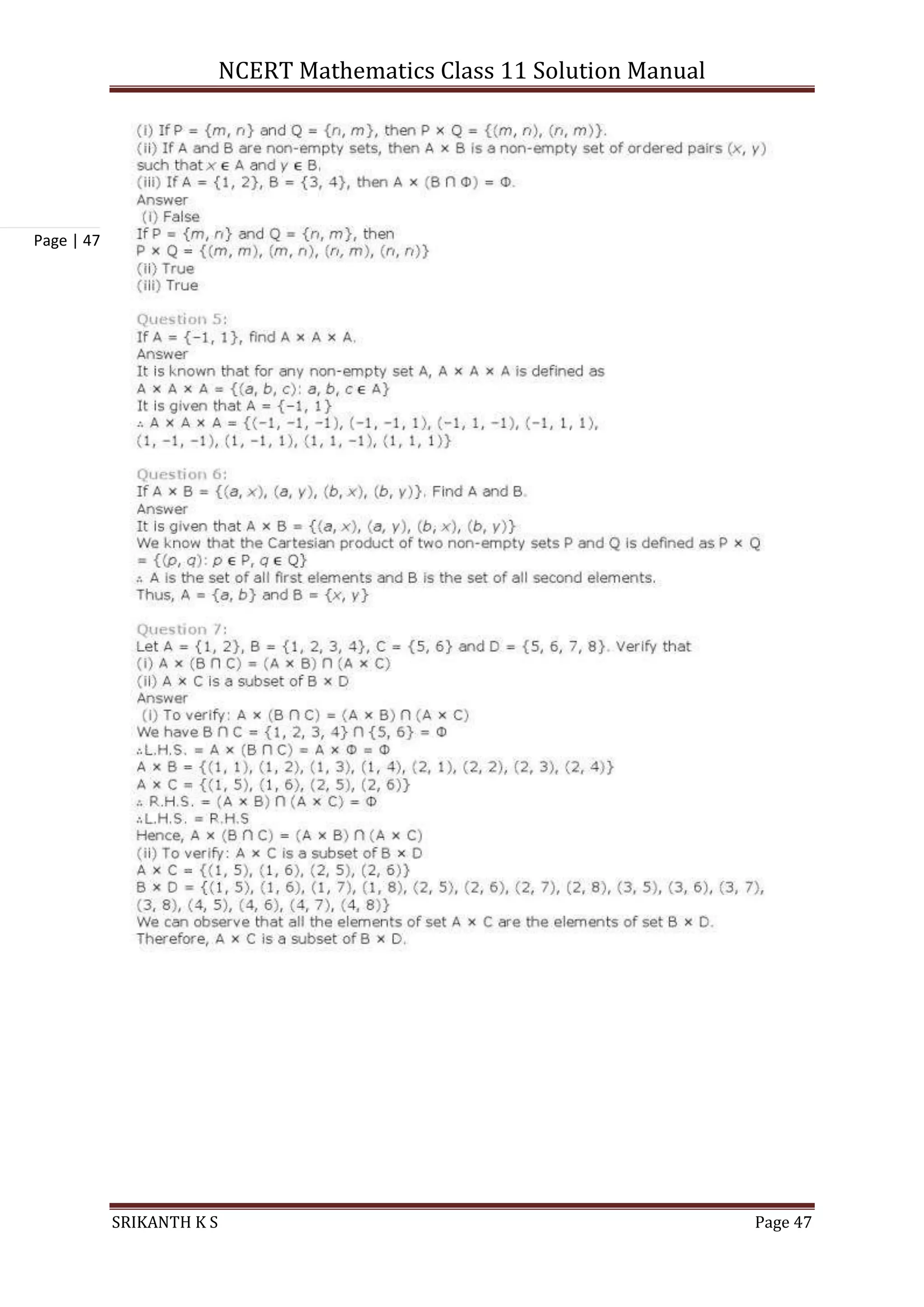 NCERT Mathematics Class 11 Solution Manual
SRIKANTH K S Page 47
Page | 47
 
