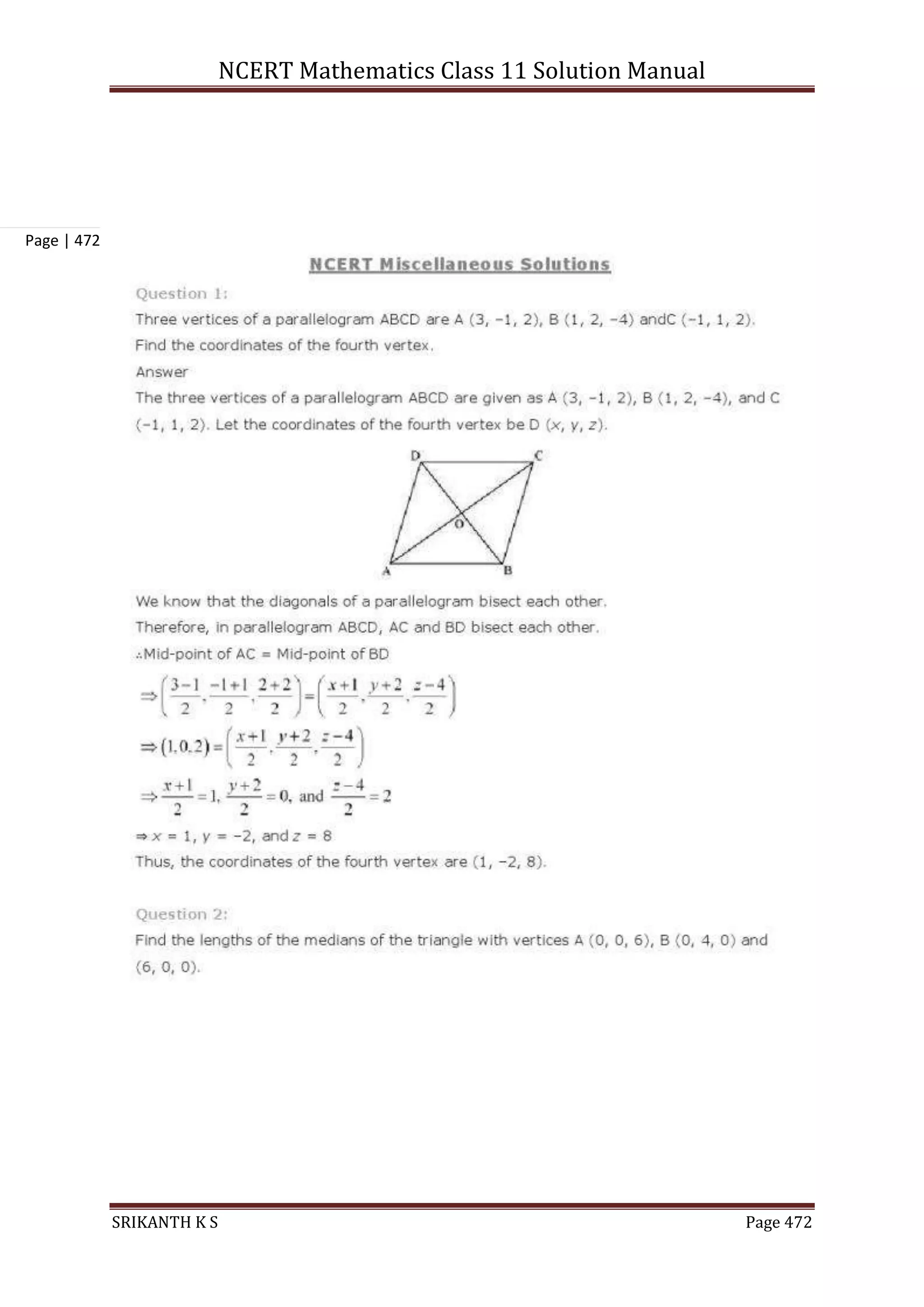 NCERT Mathematics Class 11 Solution Manual
SRIKANTH K S Page 472
Page | 472
 