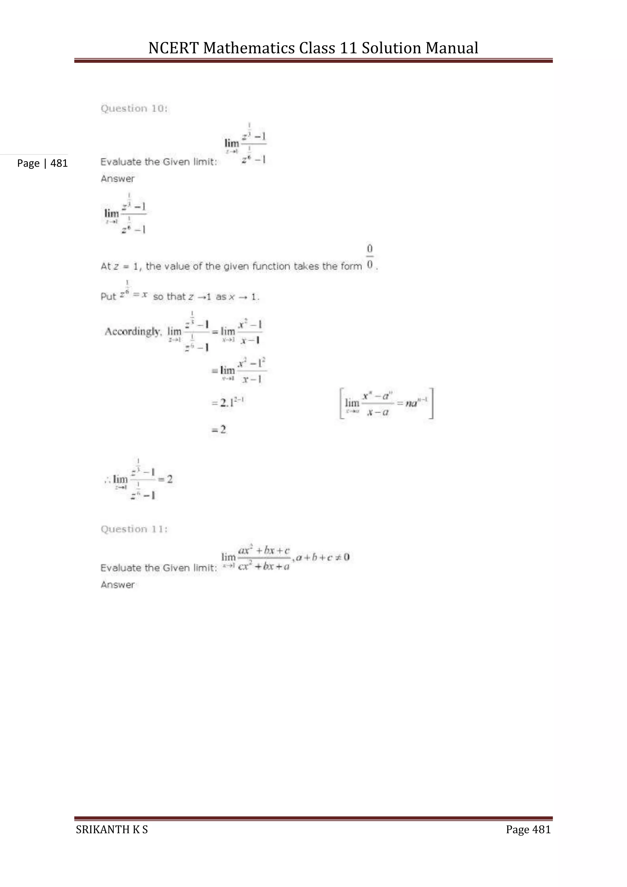 NCERT Mathematics Class 11 Solution Manual
SRIKANTH K S Page 481
Page | 481
 
