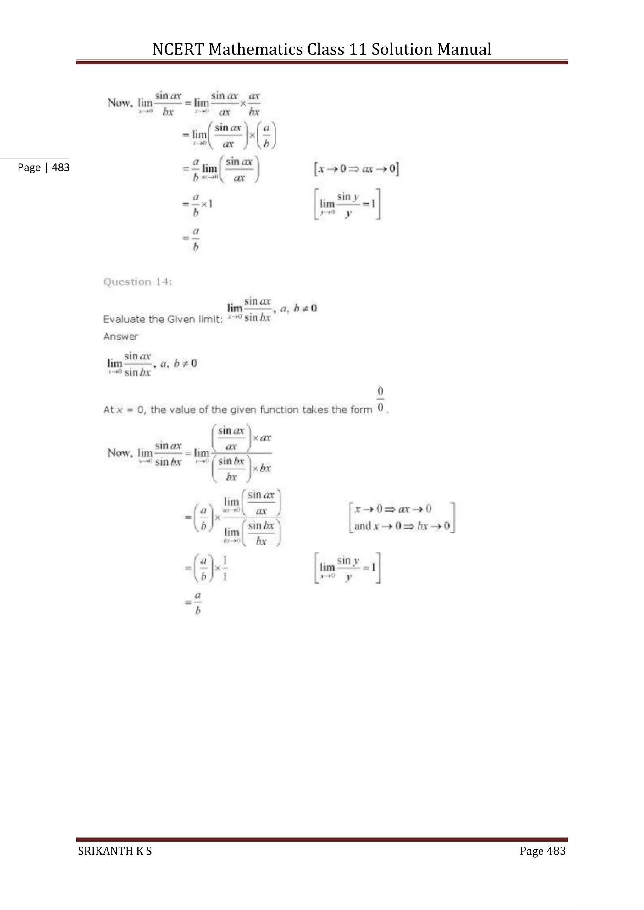 NCERT Mathematics Class 11 Solution Manual
SRIKANTH K S Page 483
Page | 483
 