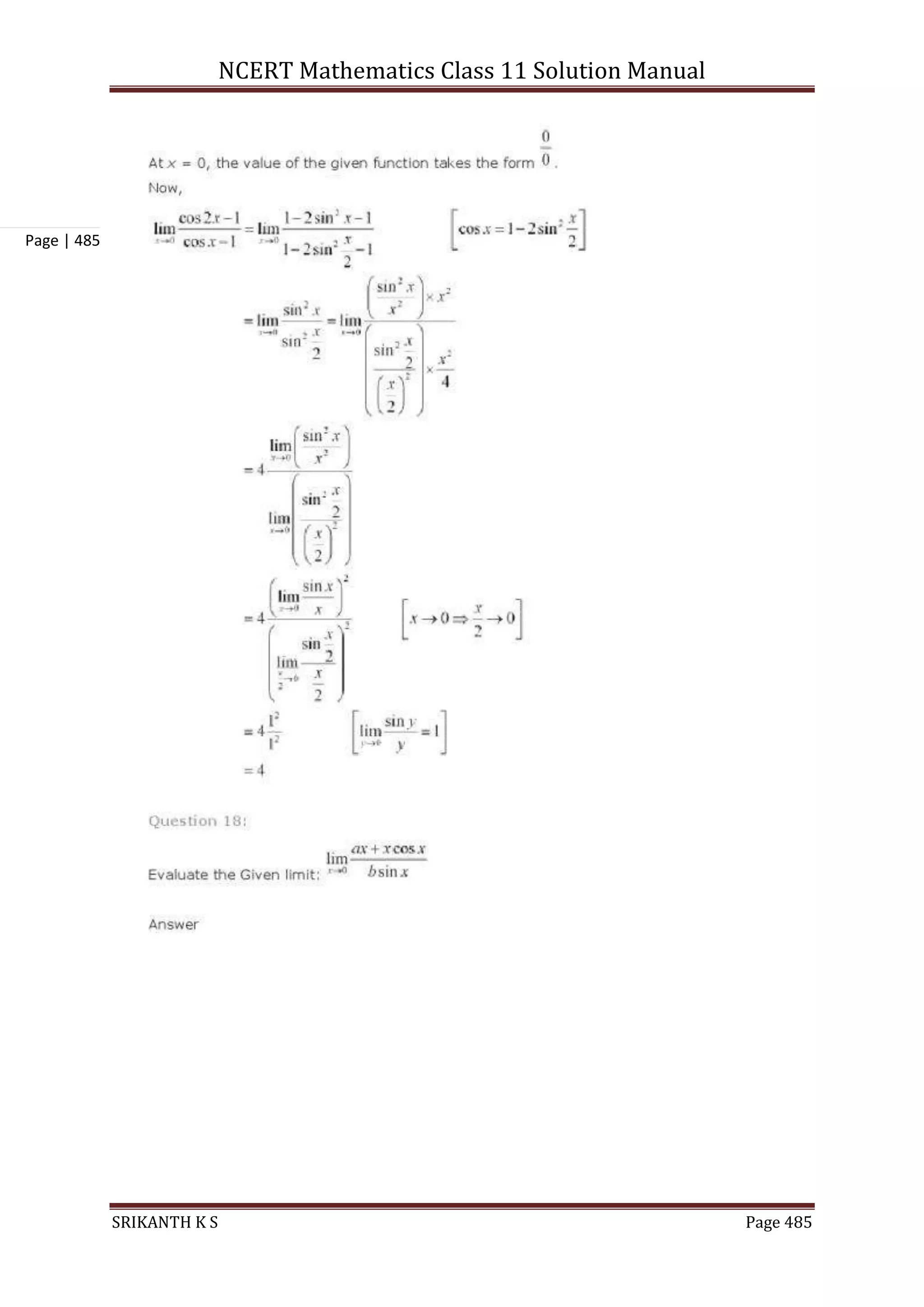 NCERT Mathematics Class 11 Solution Manual
SRIKANTH K S Page 485
Page | 485
 