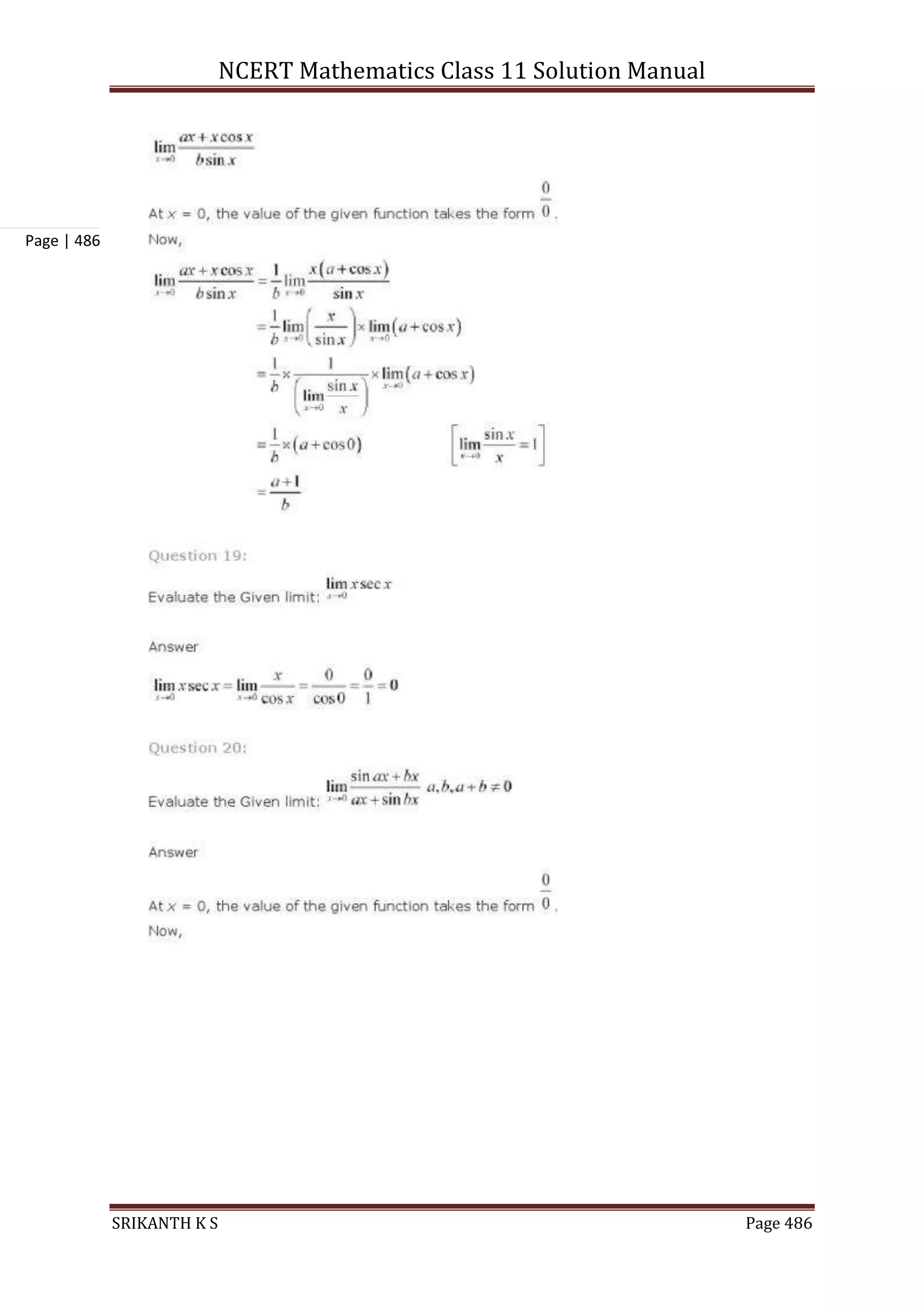 NCERT Mathematics Class 11 Solution Manual
SRIKANTH K S Page 486
Page | 486
 