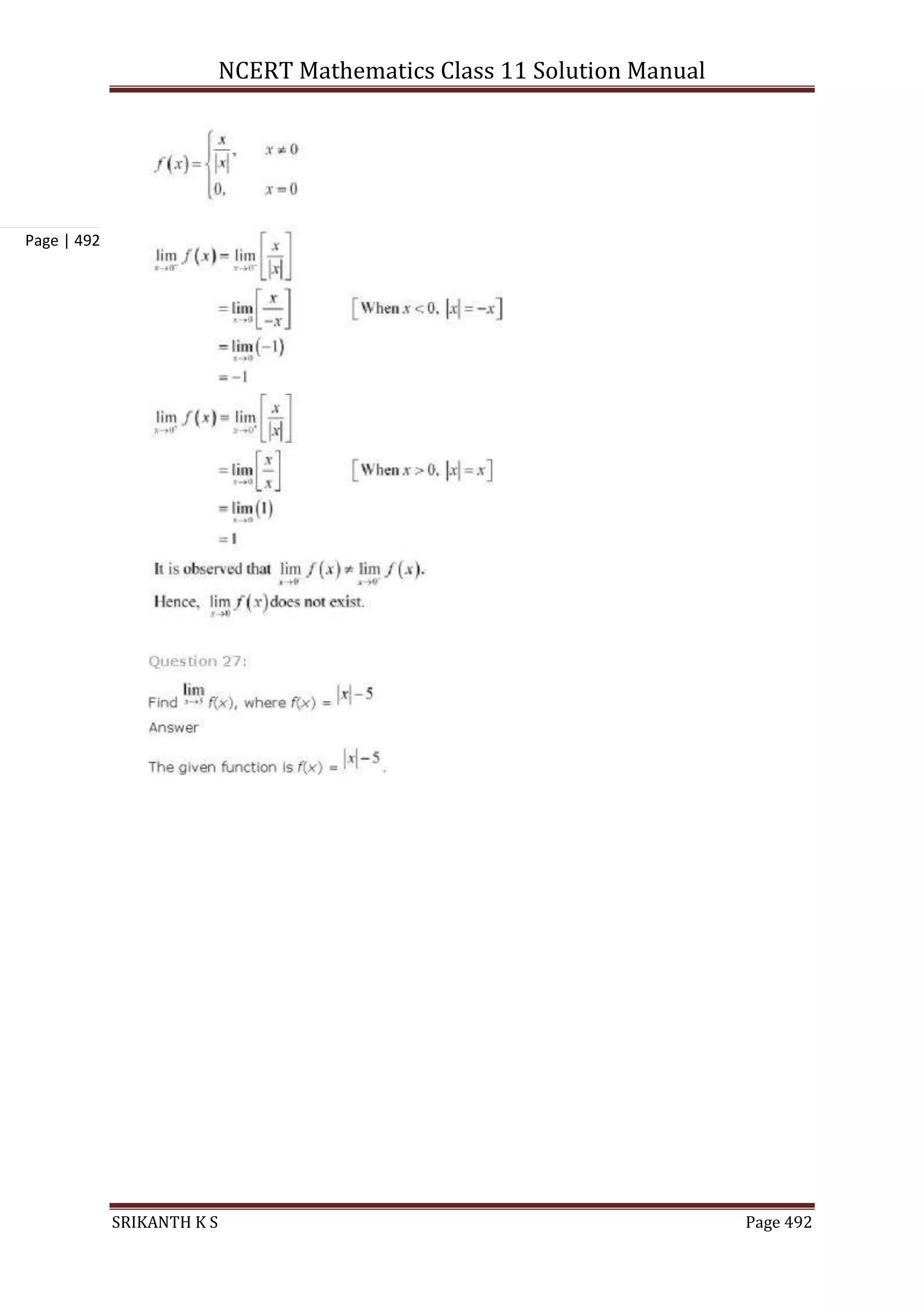 NCERT Mathematics Class 11 Solution Manual
SRIKANTH K S Page 492
Page | 492
 