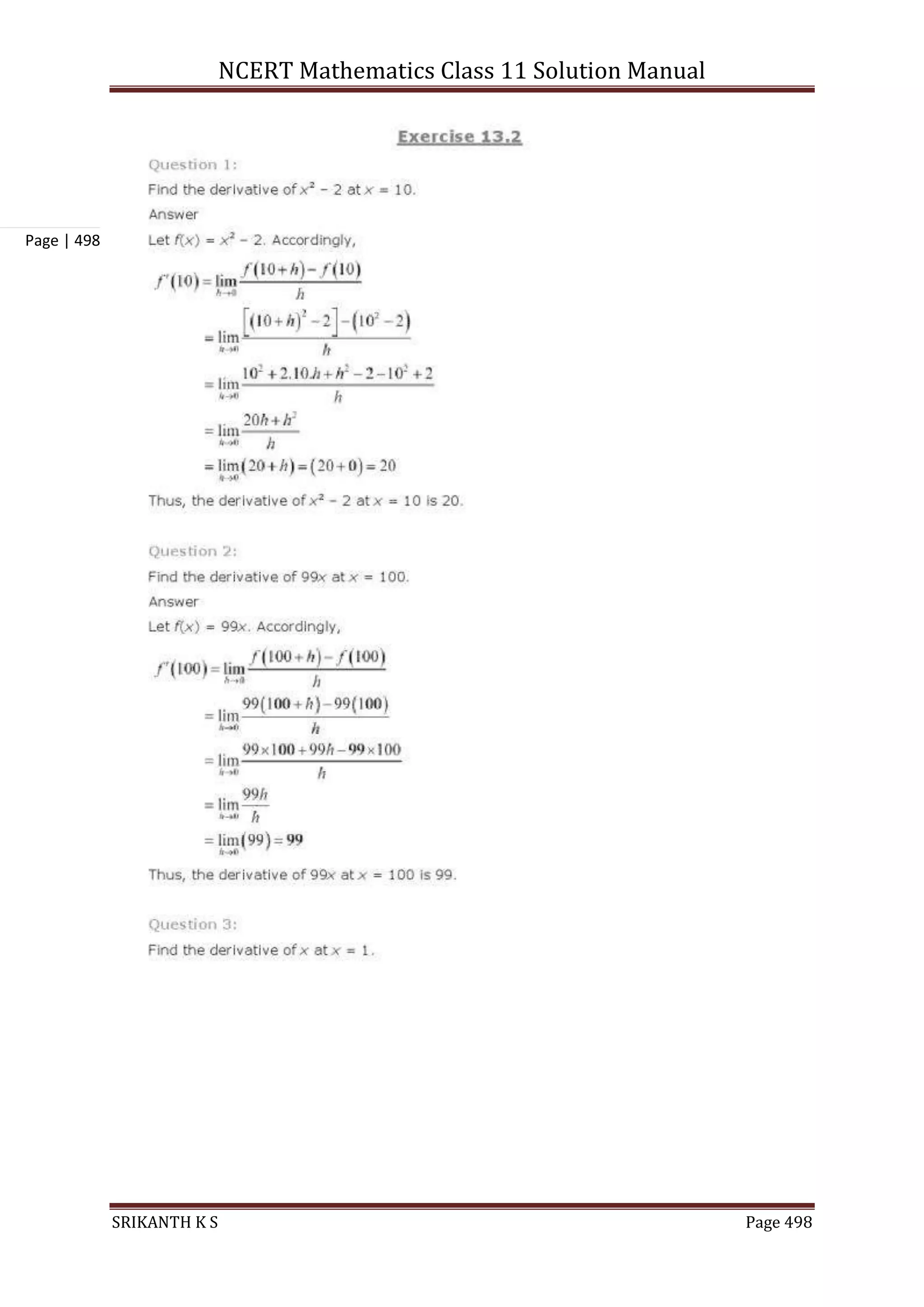 NCERT Mathematics Class 11 Solution Manual
SRIKANTH K S Page 498
Page | 498
 
