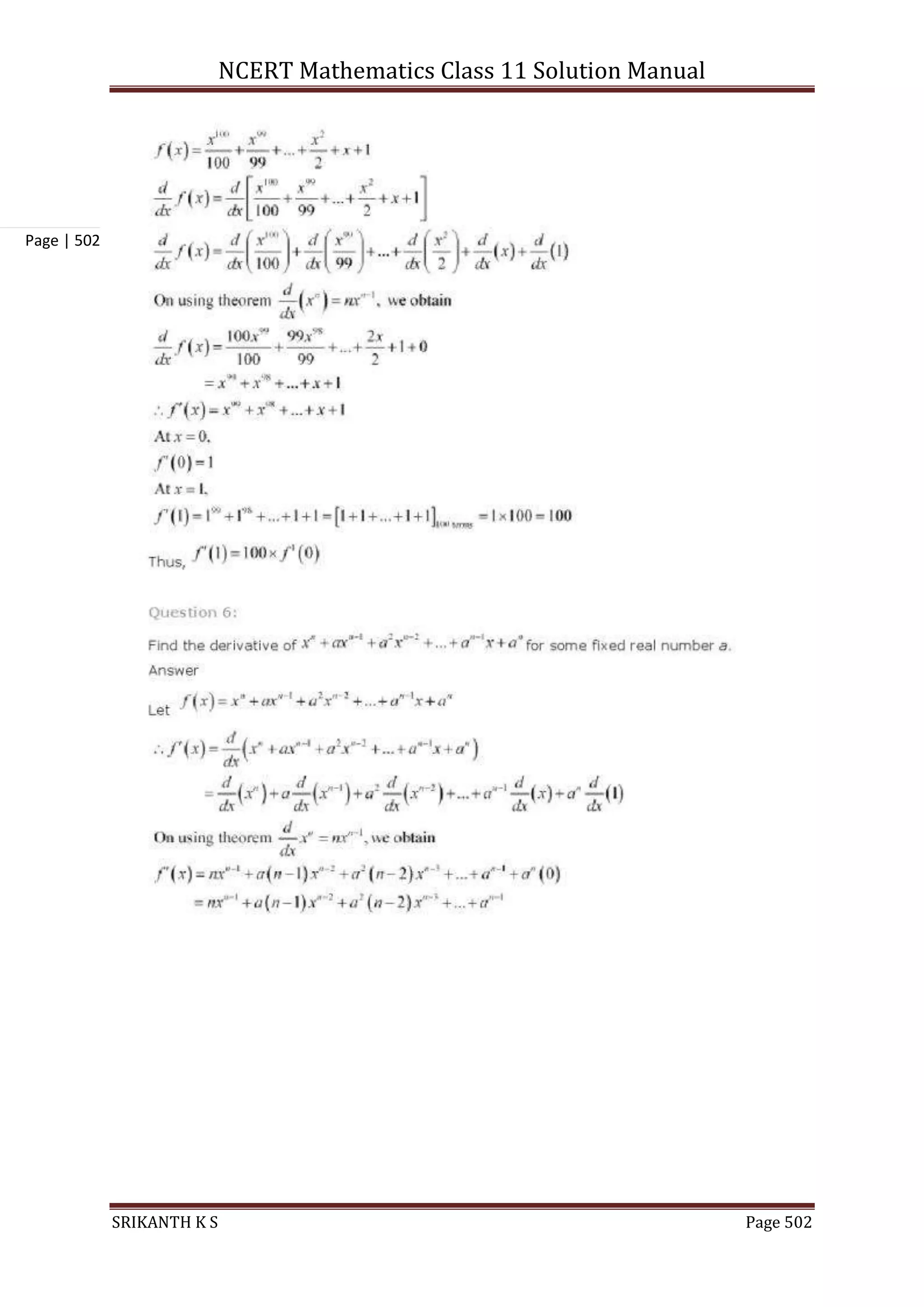 NCERT Mathematics Class 11 Solution Manual
SRIKANTH K S Page 502
Page | 502
 