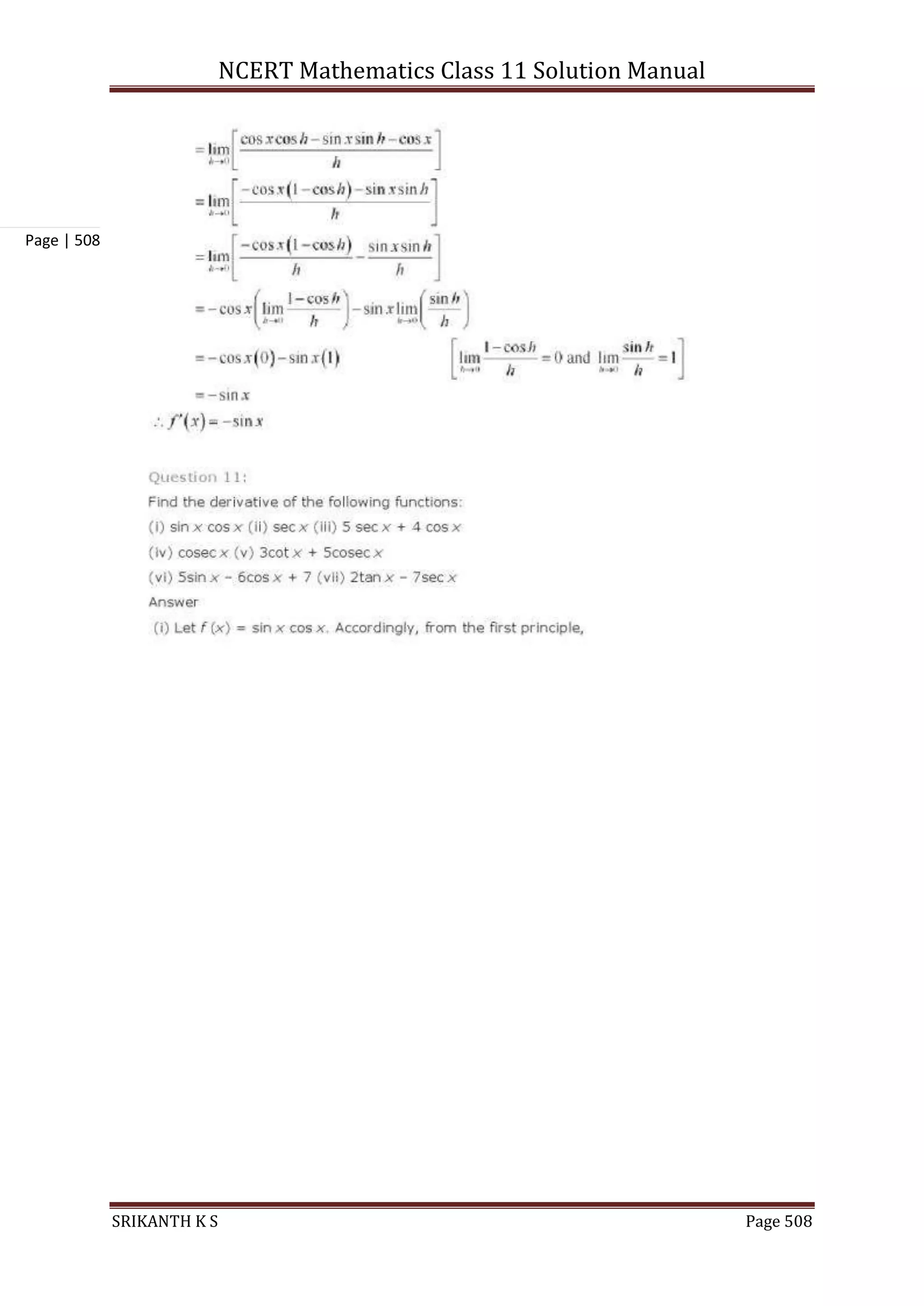 NCERT Mathematics Class 11 Solution Manual
SRIKANTH K S Page 508
Page | 508
 
