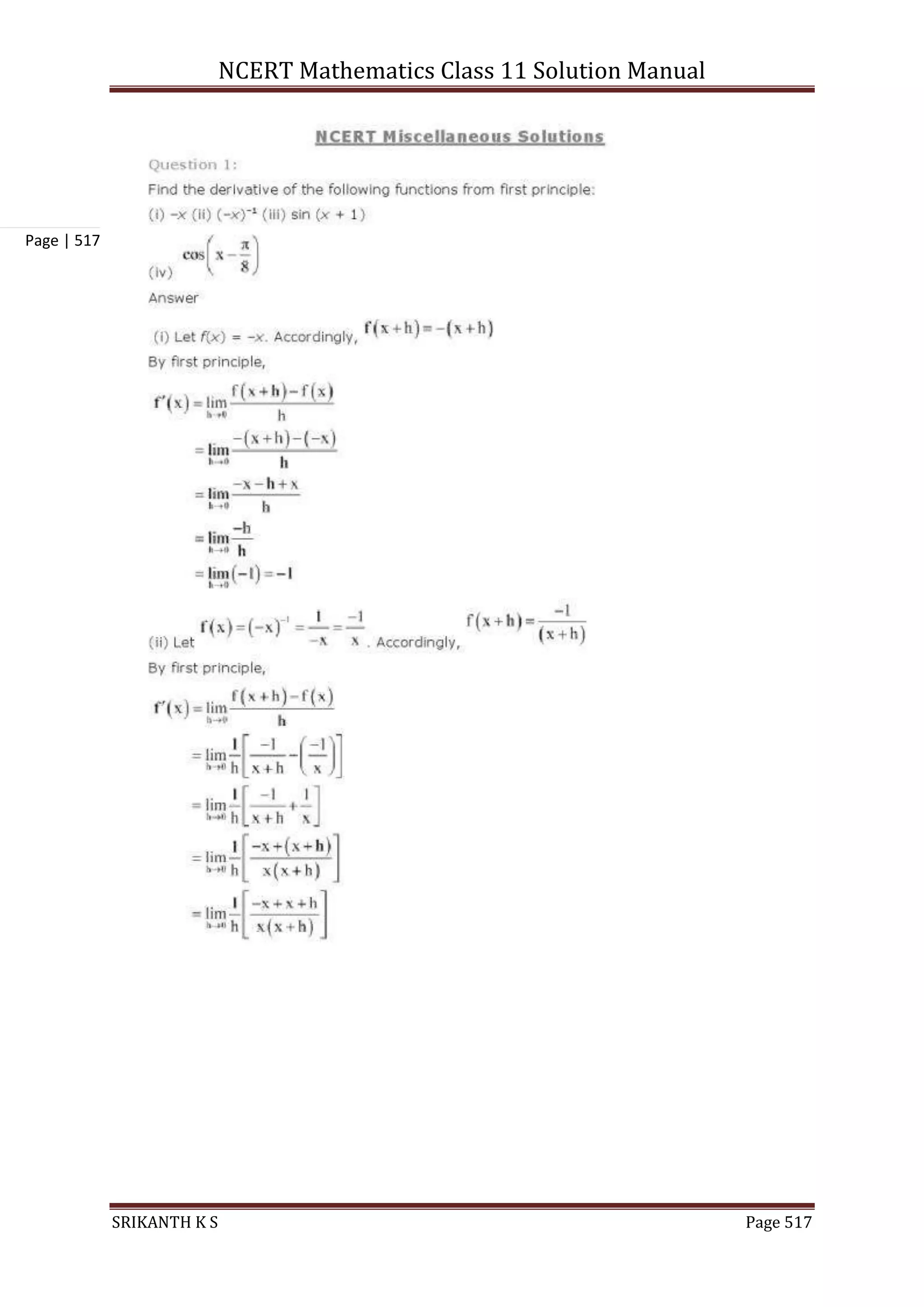 NCERT Mathematics Class 11 Solution Manual
SRIKANTH K S Page 517
Page | 517
 