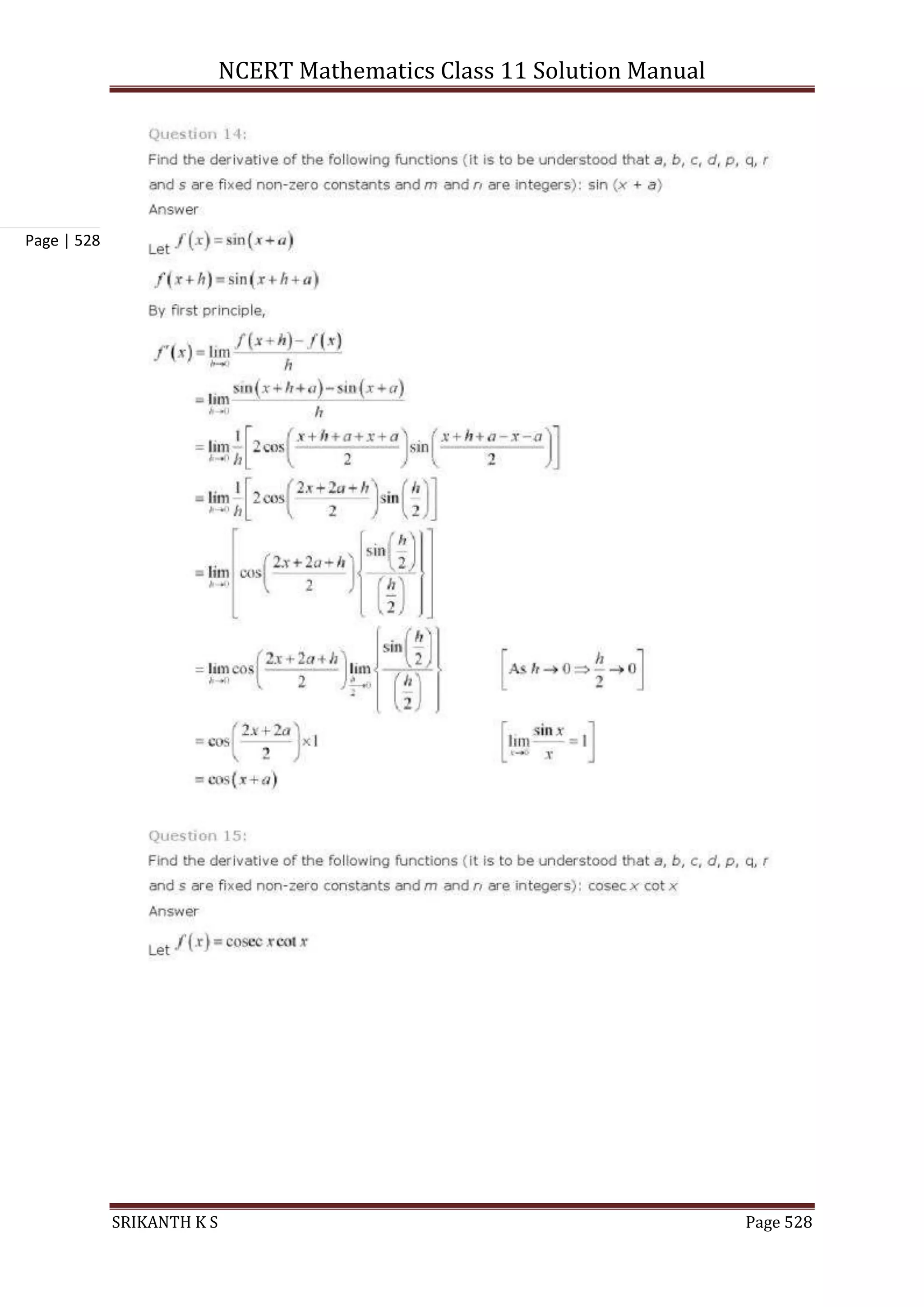 NCERT Mathematics Class 11 Solution Manual
SRIKANTH K S Page 528
Page | 528
 