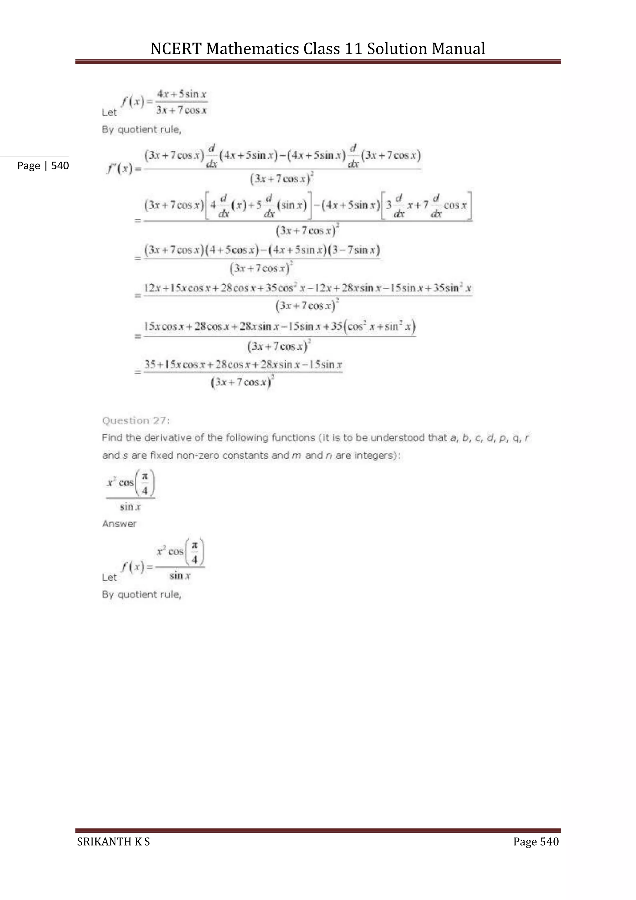 NCERT Mathematics Class 11 Solution Manual
SRIKANTH K S Page 540
Page | 540
 