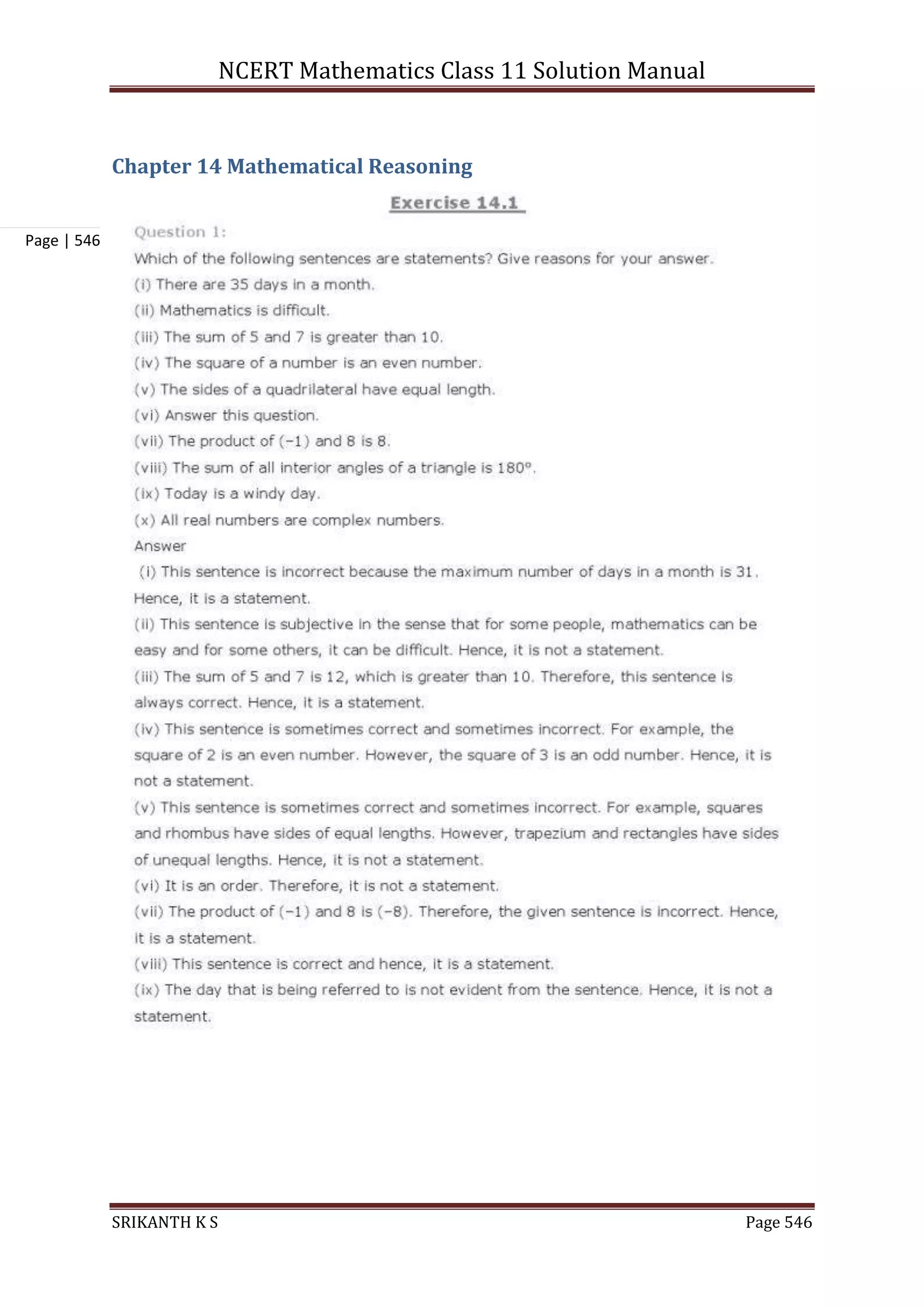 NCERT Mathematics Class 11 Solution Manual
SRIKANTH K S Page 546
Page | 546
Chapter 14 Mathematical Reasoning
 