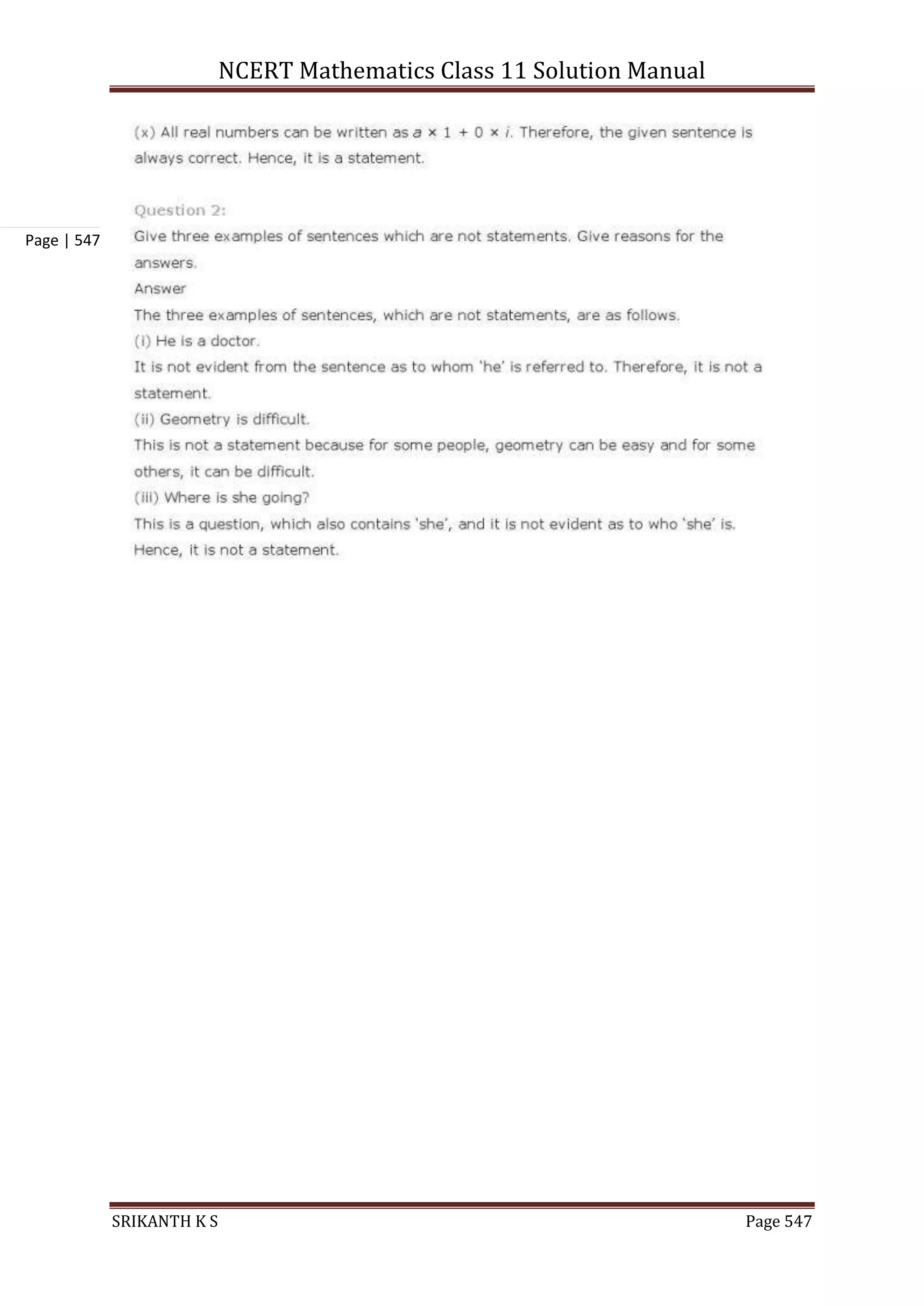 NCERT Mathematics Class 11 Solution Manual
SRIKANTH K S Page 547
Page | 547
 