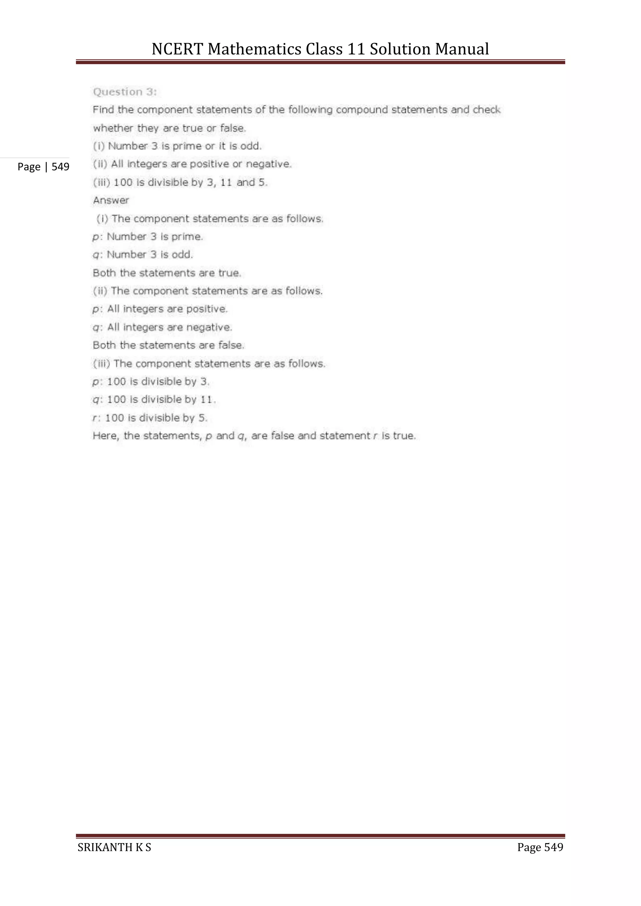 NCERT Mathematics Class 11 Solution Manual
SRIKANTH K S Page 549
Page | 549
 