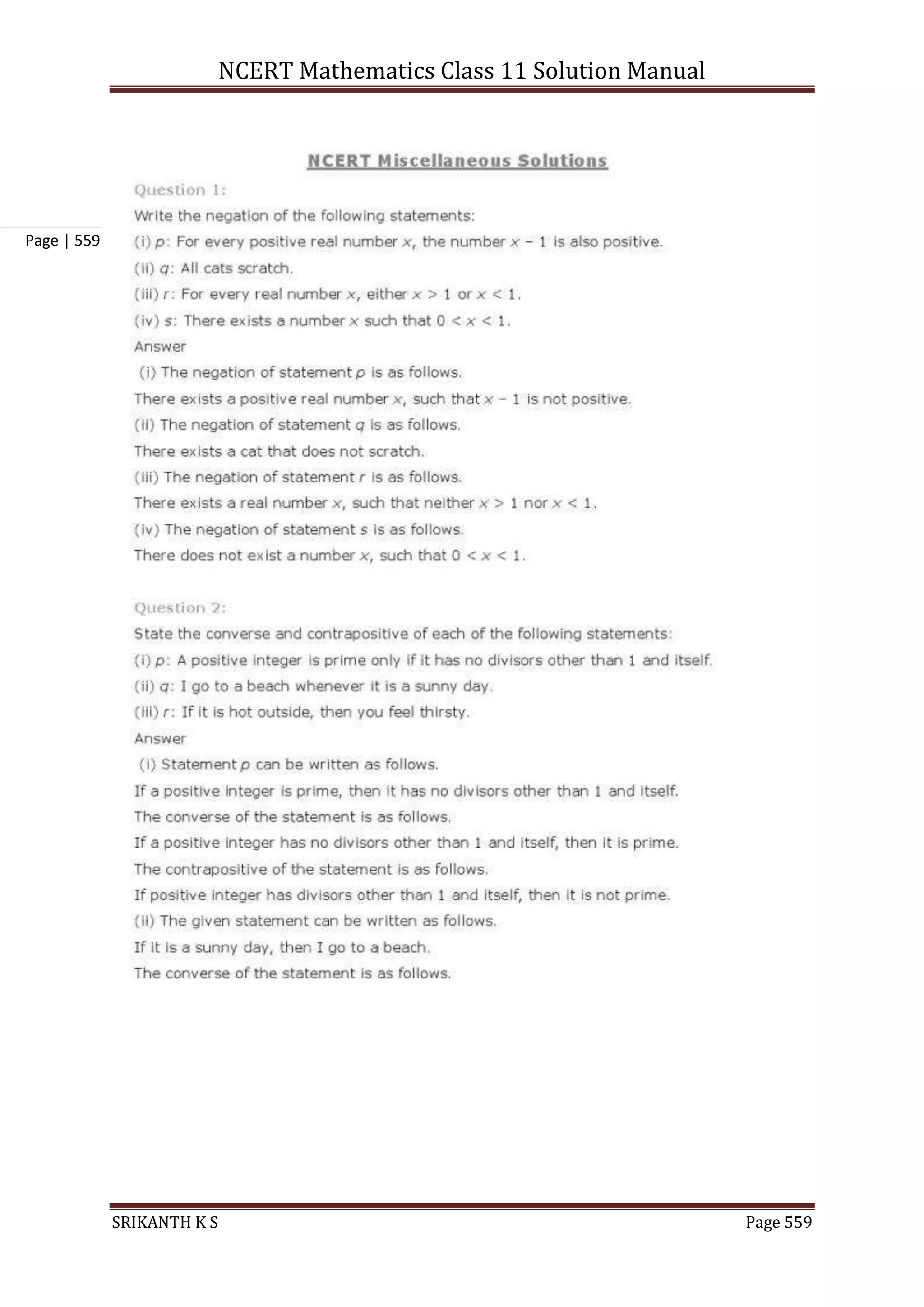 NCERT Mathematics Class 11 Solution Manual
SRIKANTH K S Page 559
Page | 559
 