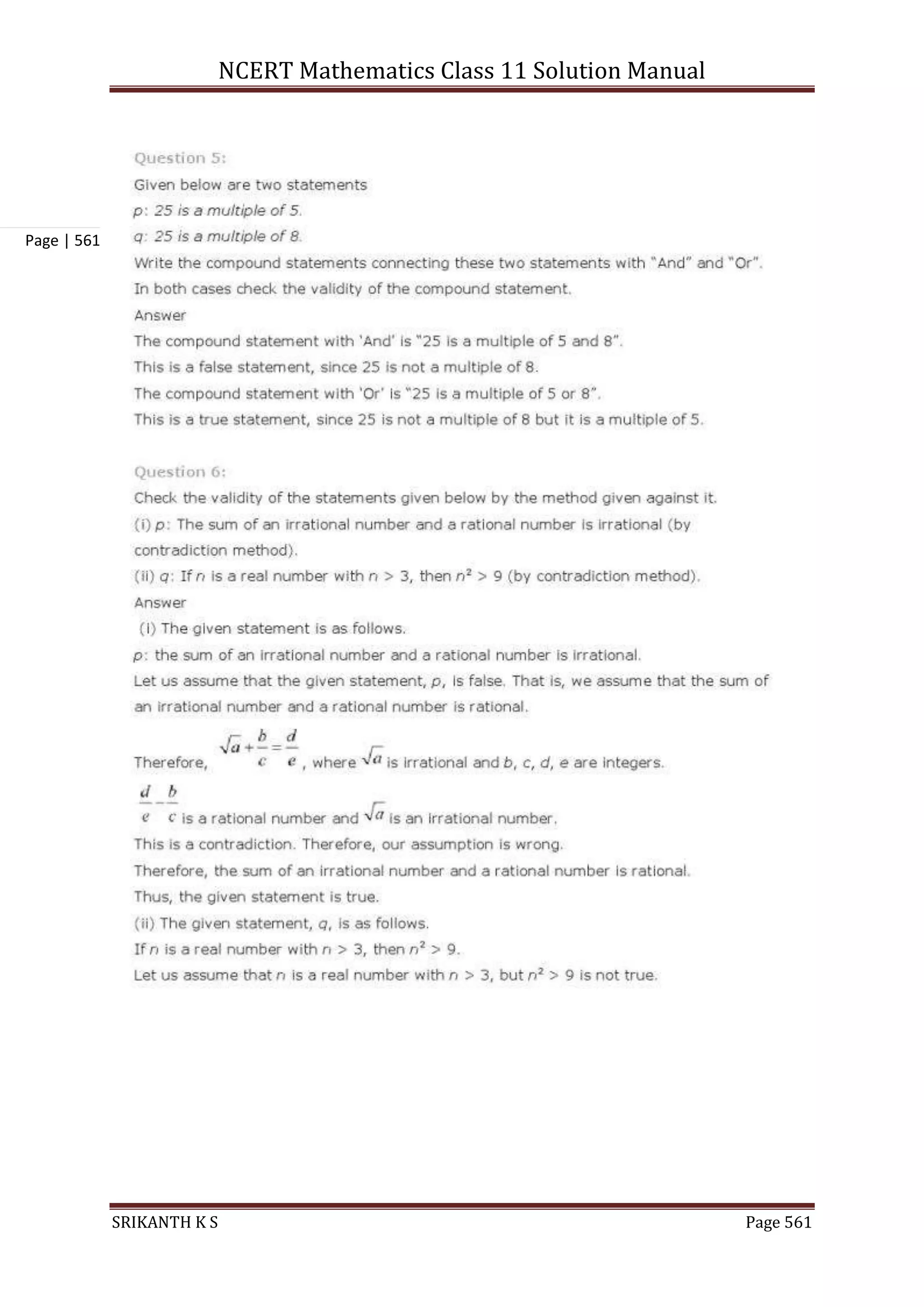 NCERT Mathematics Class 11 Solution Manual
SRIKANTH K S Page 561
Page | 561
 