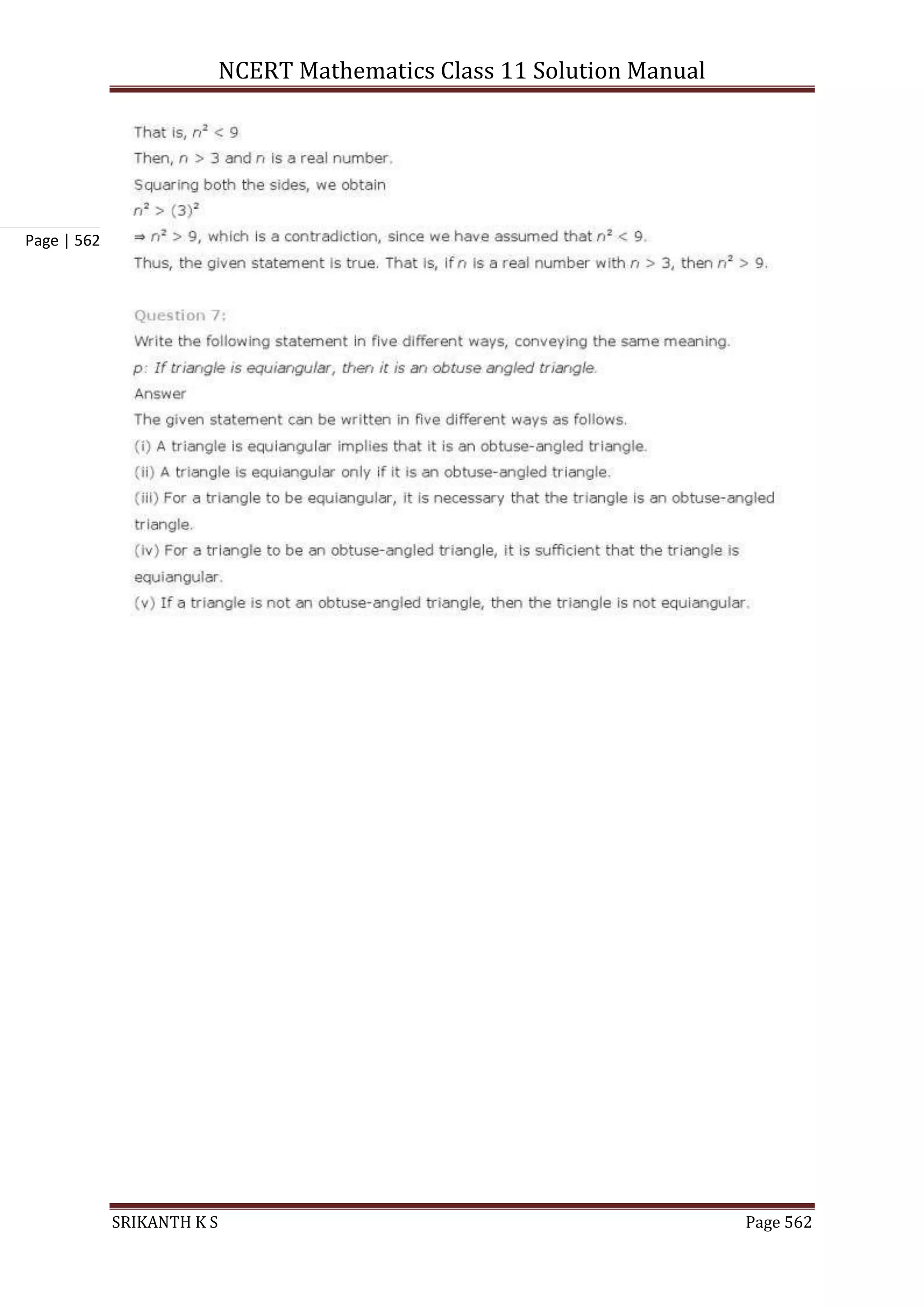 NCERT Mathematics Class 11 Solution Manual
SRIKANTH K S Page 562
Page | 562
 