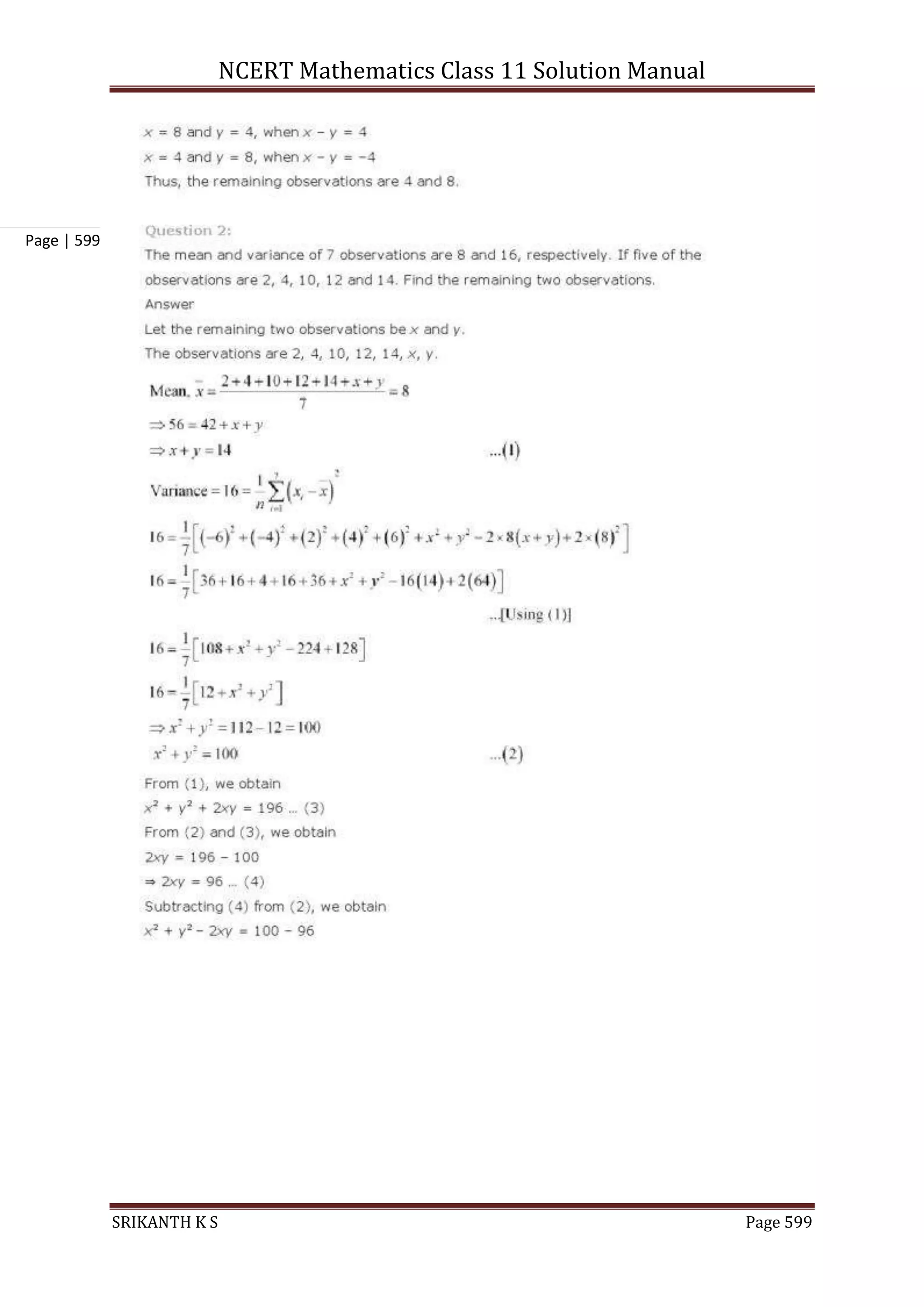 NCERT Mathematics Class 11 Solution Manual
SRIKANTH K S Page 599
Page | 599
 