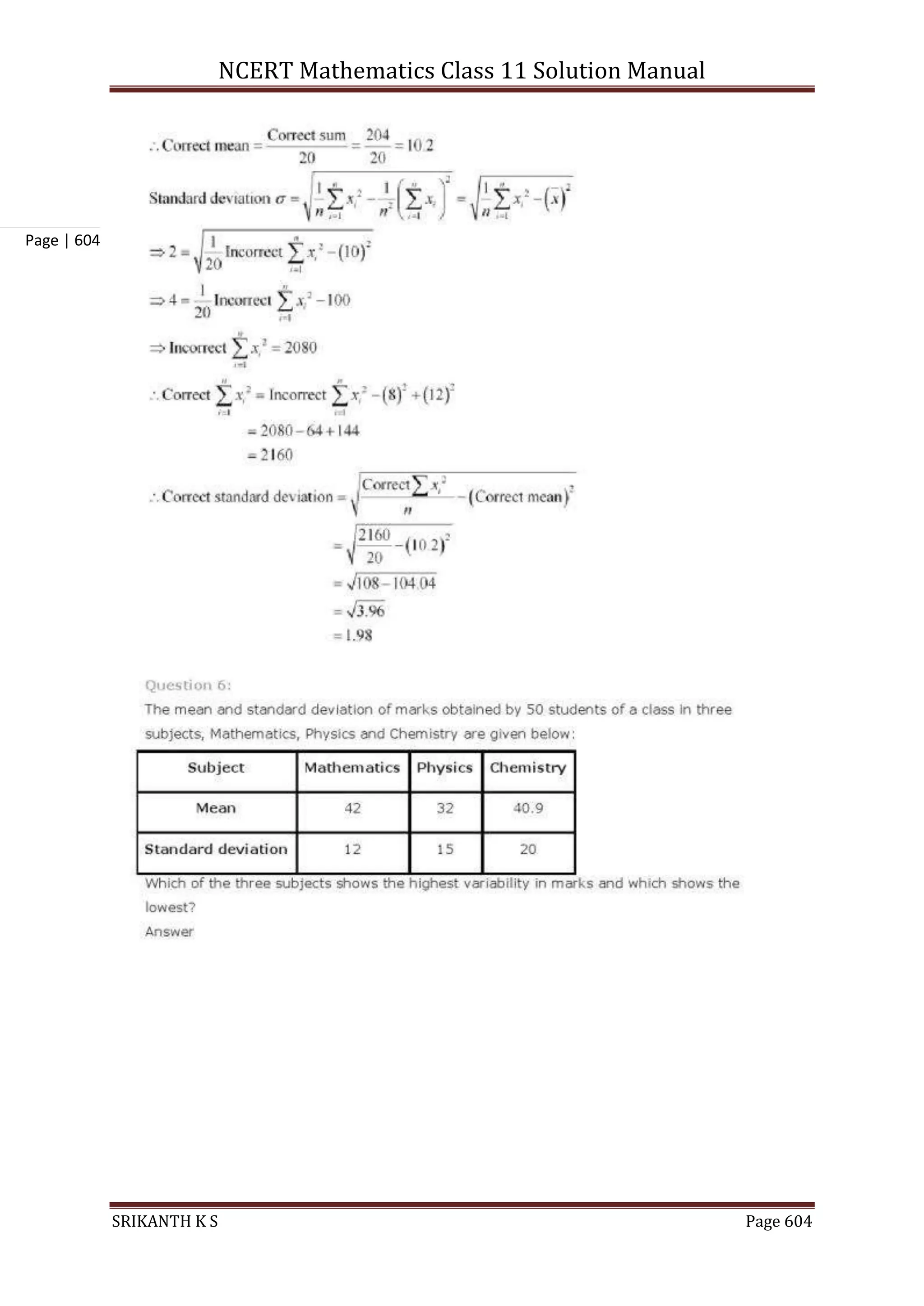 NCERT Mathematics Class 11 Solution Manual
SRIKANTH K S Page 604
Page | 604
 