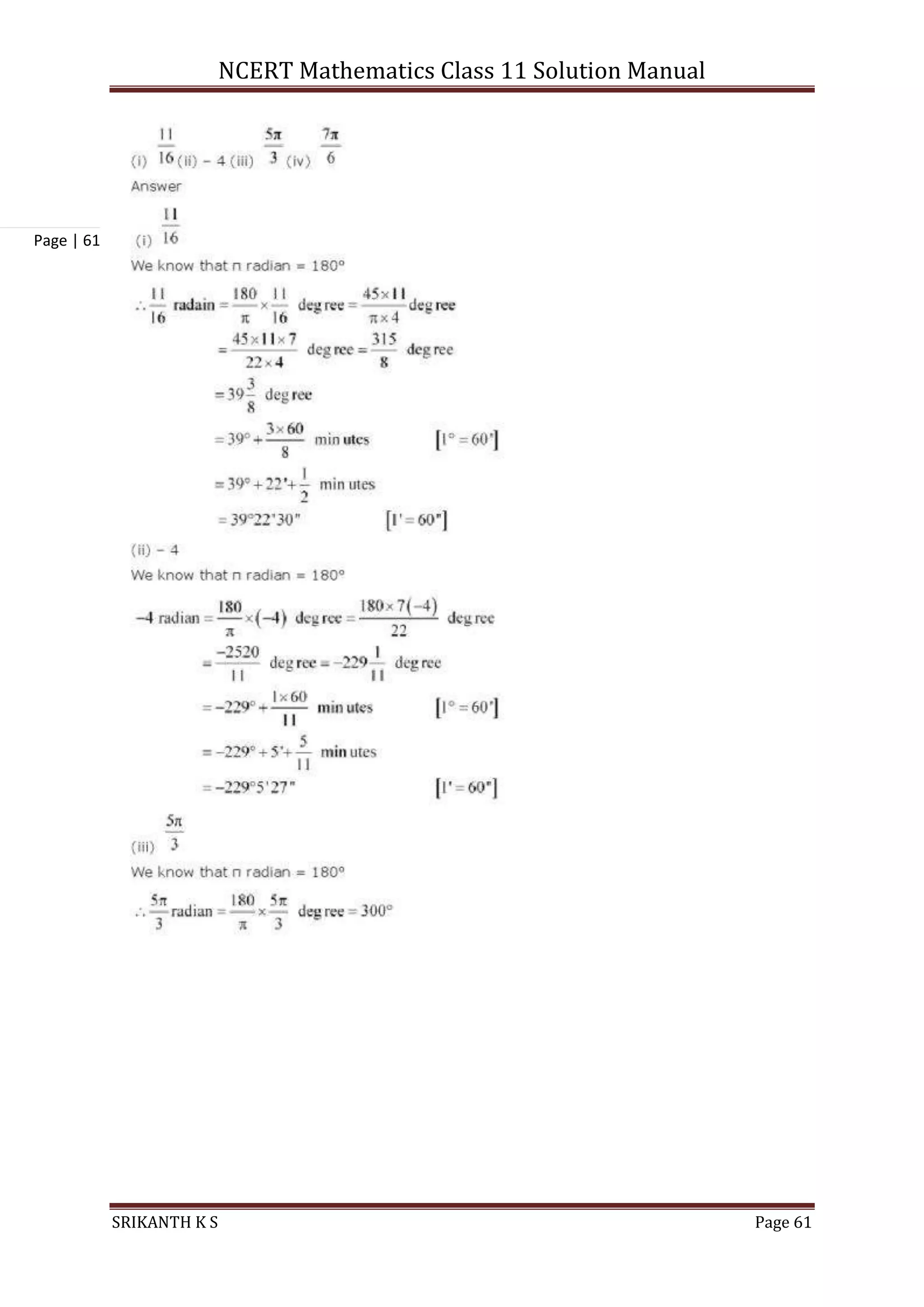 NCERT Mathematics Class 11 Solution Manual
SRIKANTH K S Page 61
Page | 61
 
