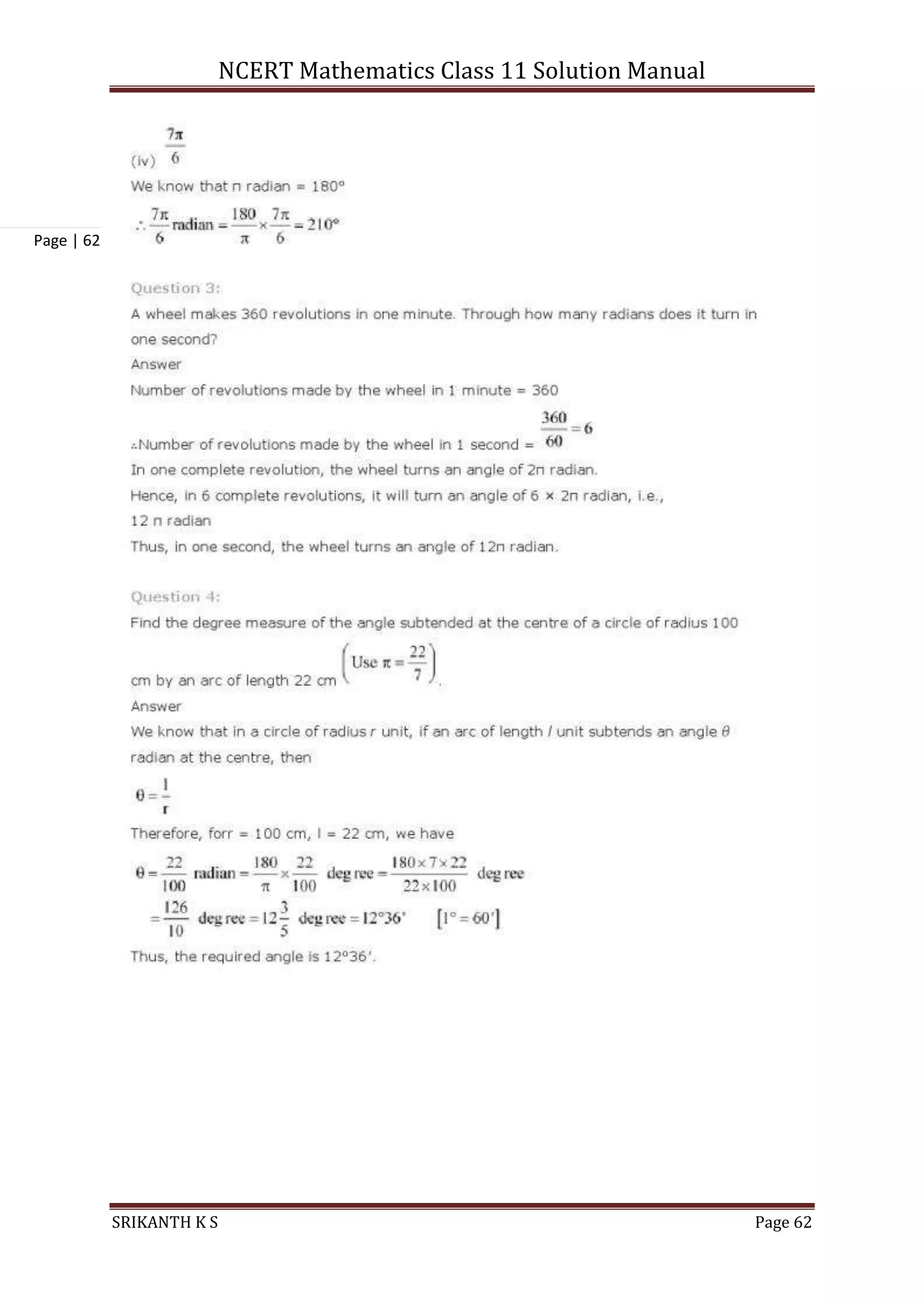NCERT Mathematics Class 11 Solution Manual
SRIKANTH K S Page 62
Page | 62
 