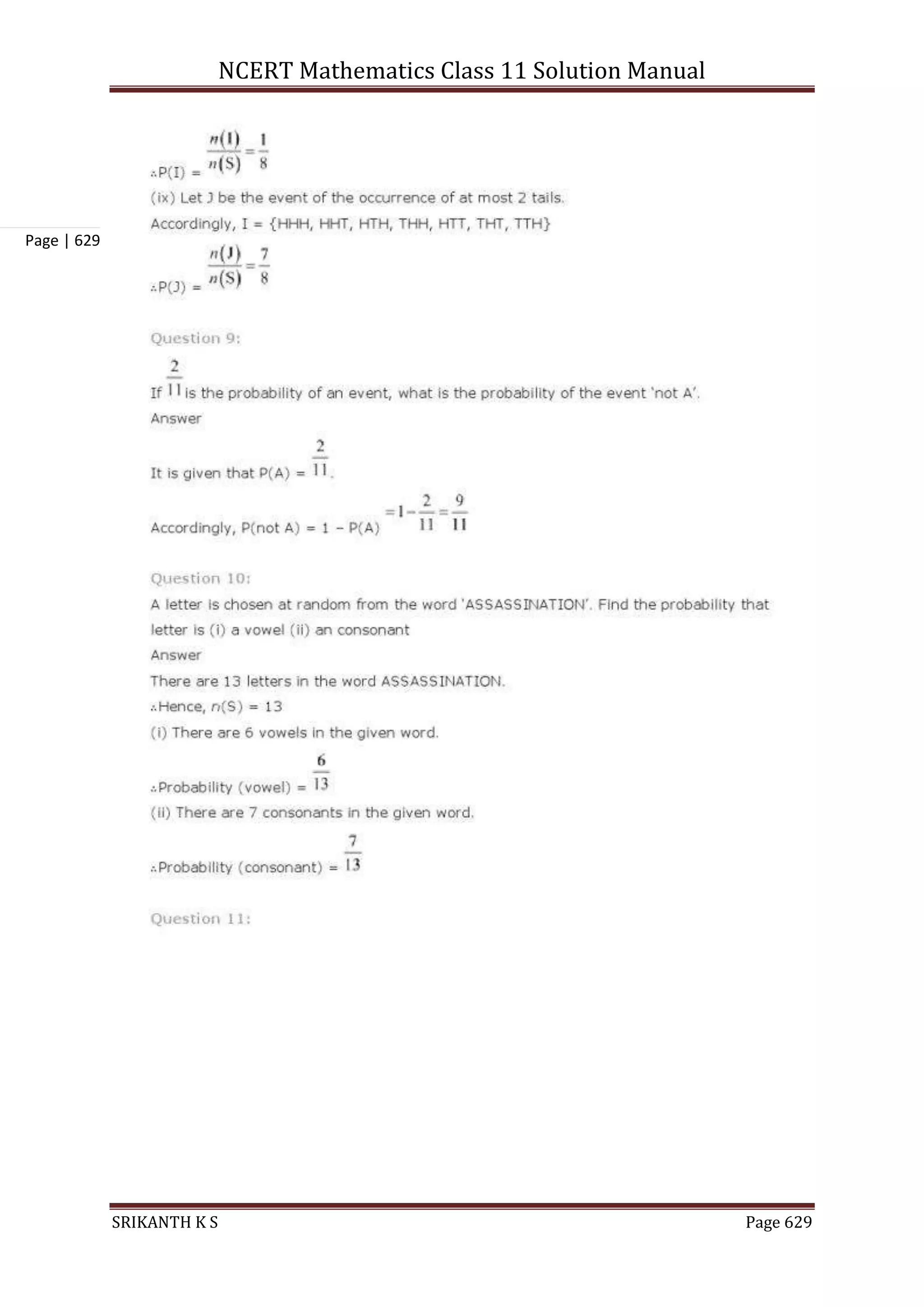 NCERT Mathematics Class 11 Solution Manual
SRIKANTH K S Page 629
Page | 629
 