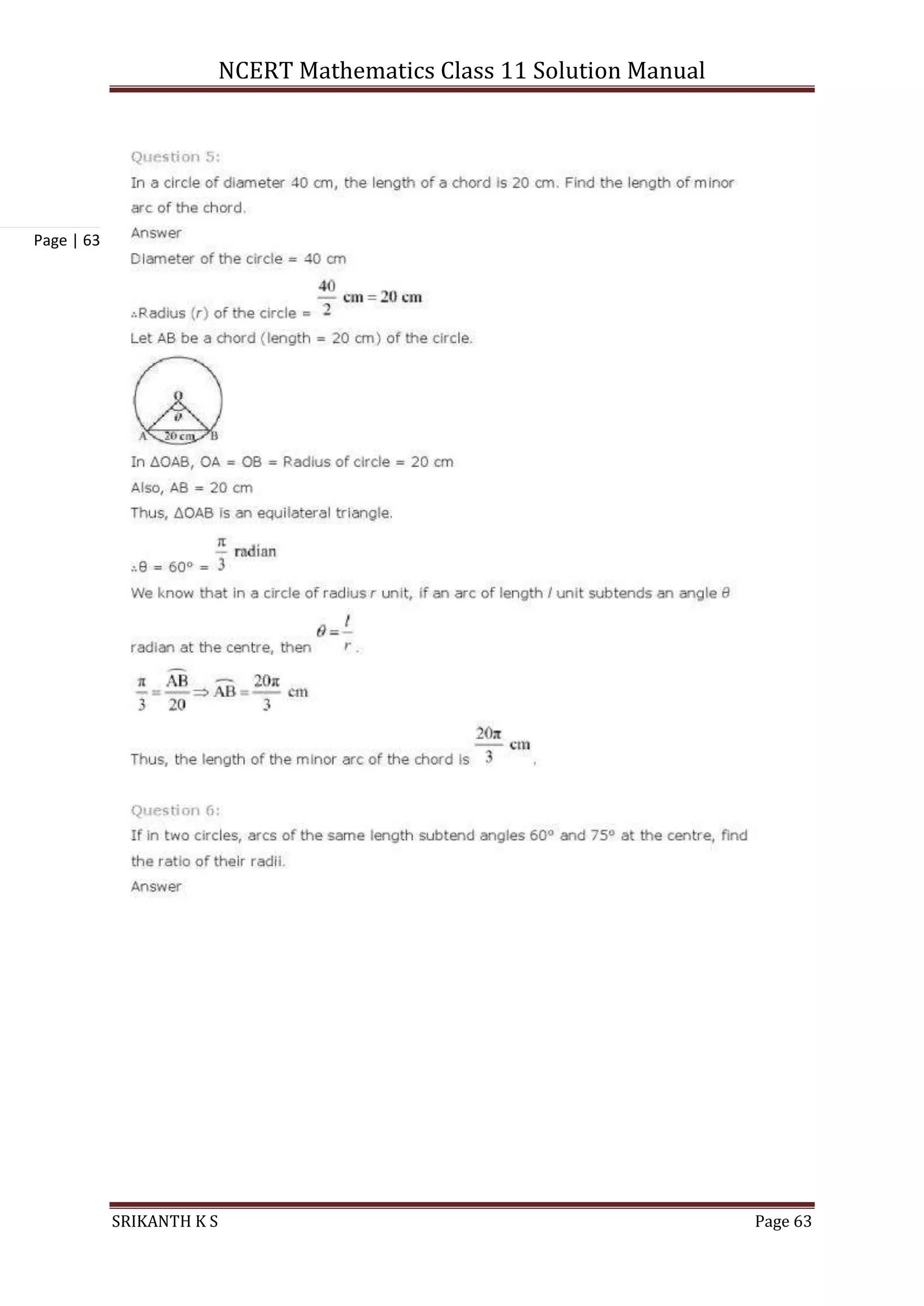NCERT Mathematics Class 11 Solution Manual
SRIKANTH K S Page 63
Page | 63
 