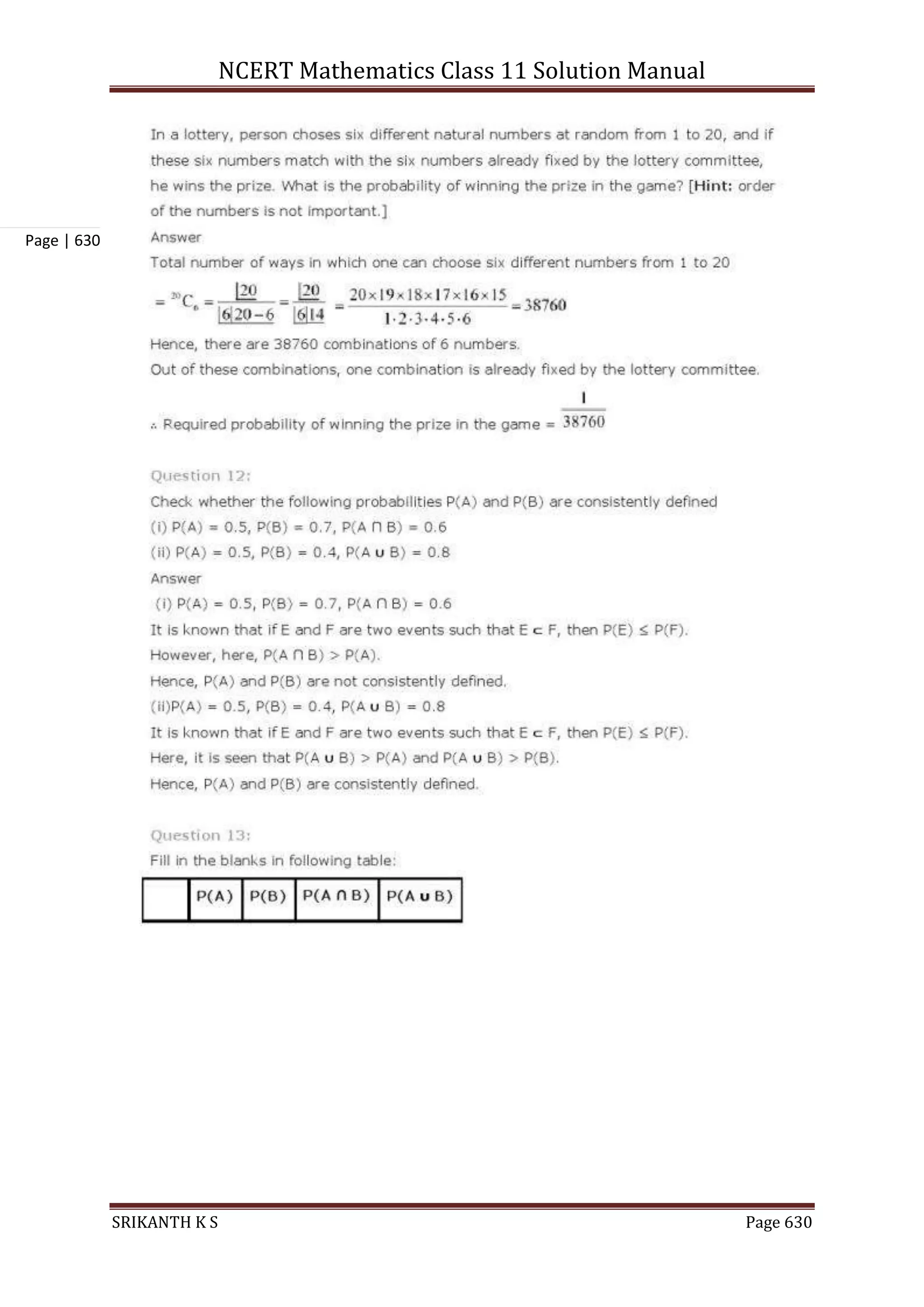 NCERT Mathematics Class 11 Solution Manual
SRIKANTH K S Page 630
Page | 630
 