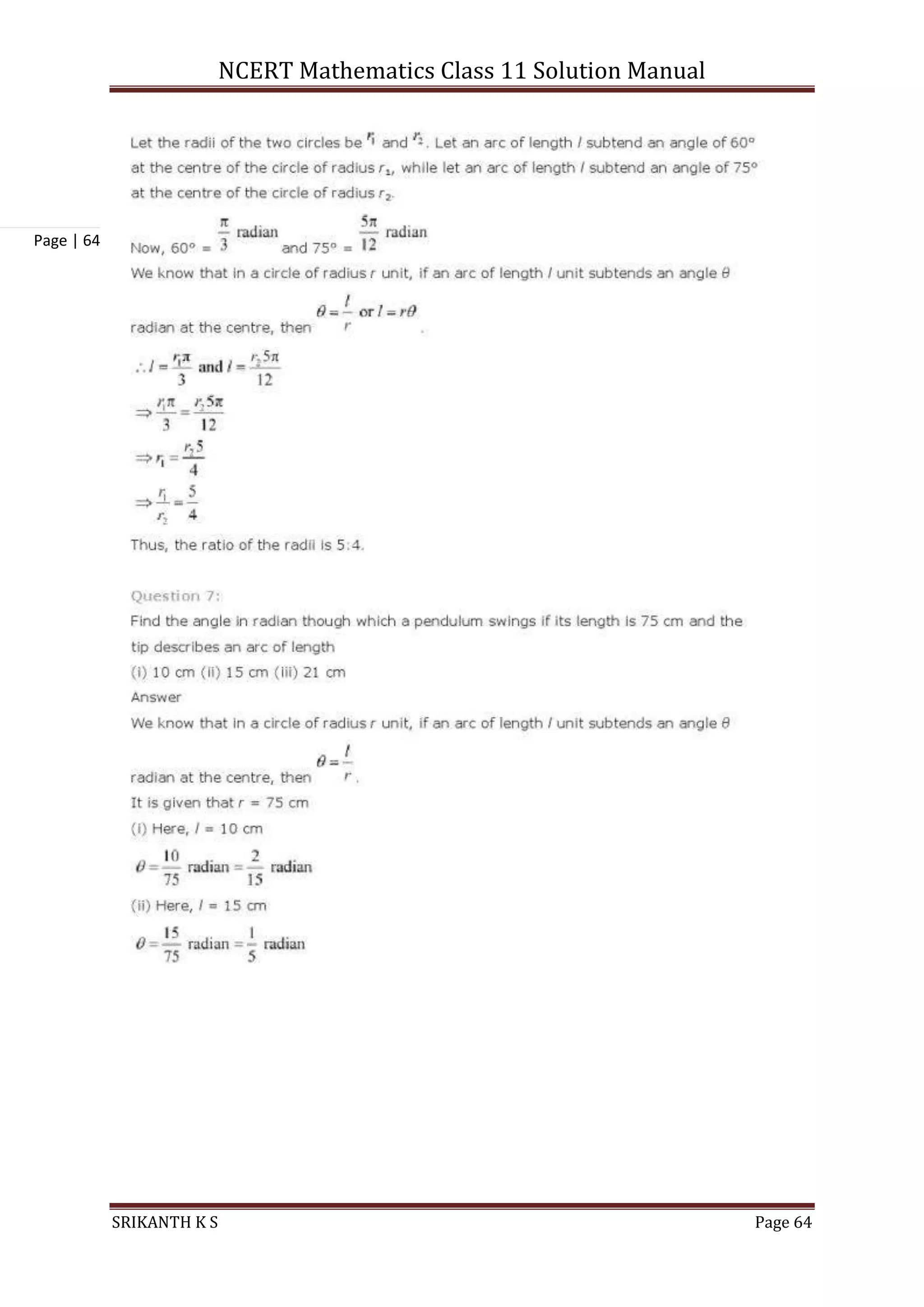 NCERT Mathematics Class 11 Solution Manual
SRIKANTH K S Page 64
Page | 64
 