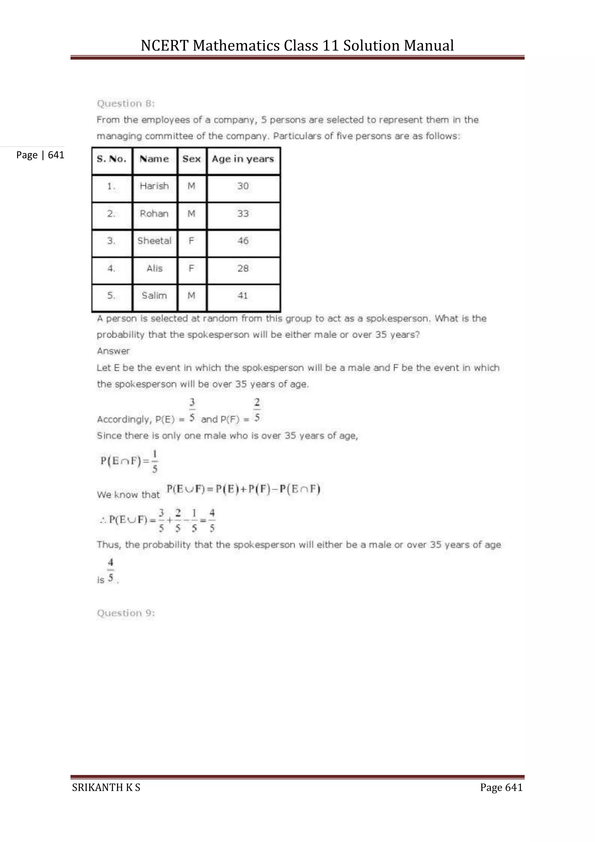 NCERT Mathematics Class 11 Solution Manual
SRIKANTH K S Page 641
Page | 641
 