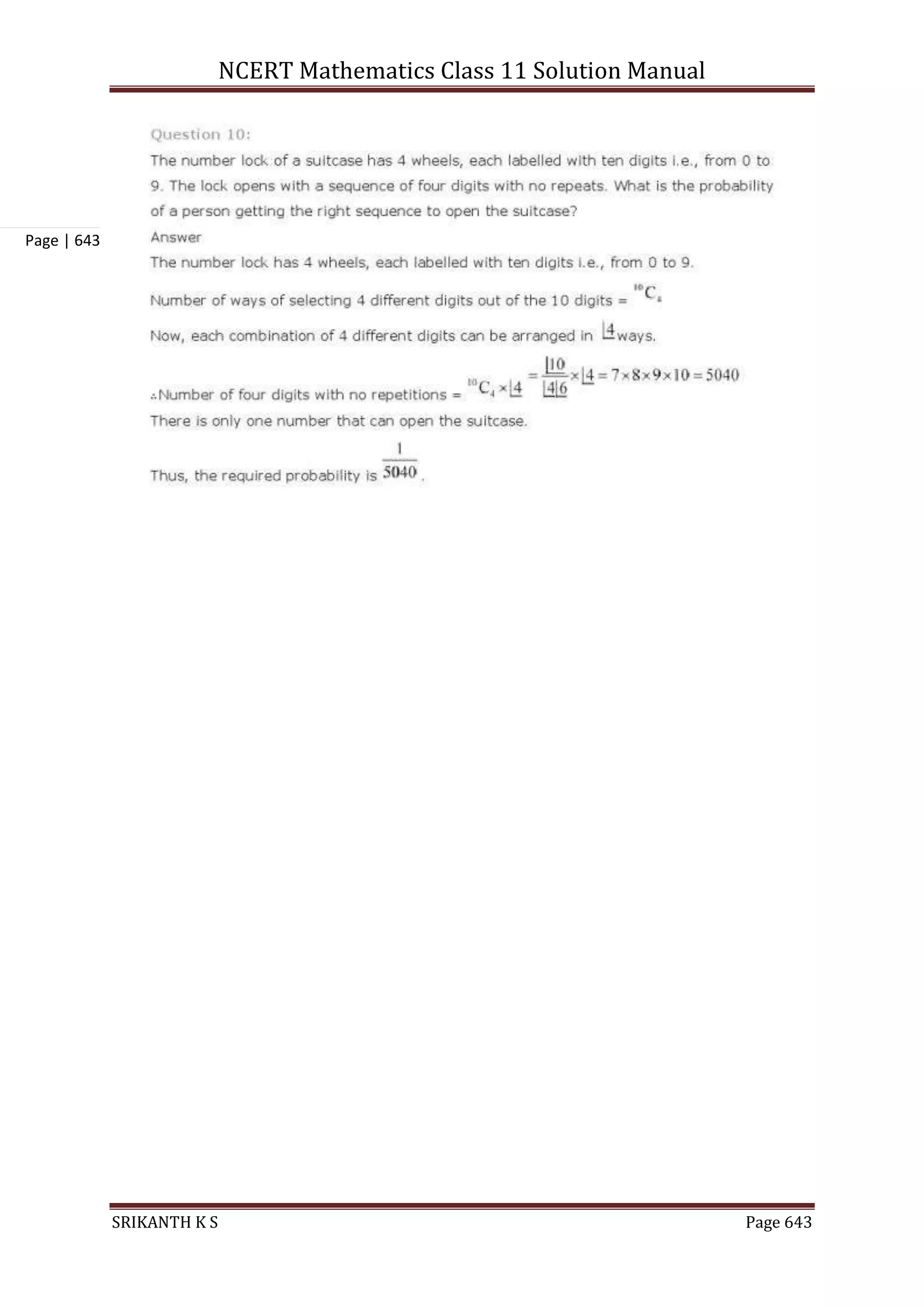 NCERT Mathematics Class 11 Solution Manual
SRIKANTH K S Page 643
Page | 643
 
