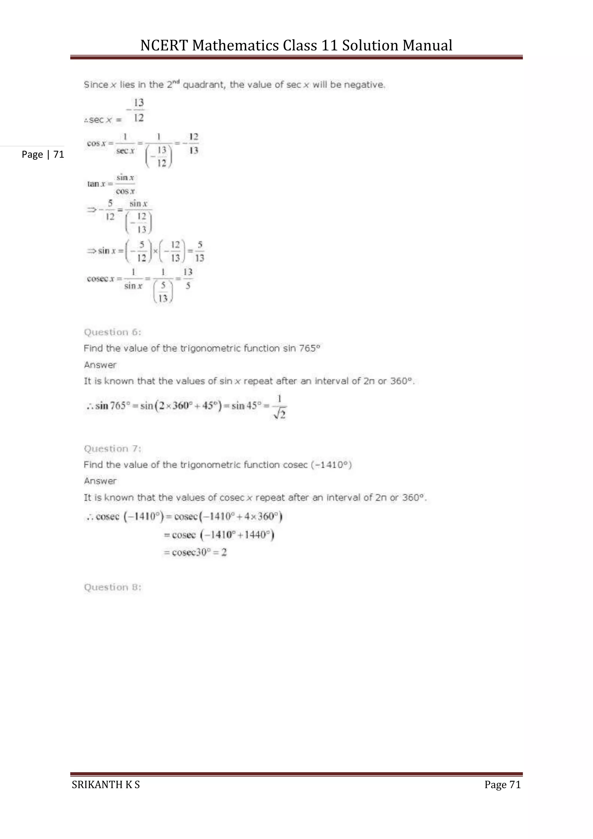 NCERT Mathematics Class 11 Solution Manual
SRIKANTH K S Page 71
Page | 71
 