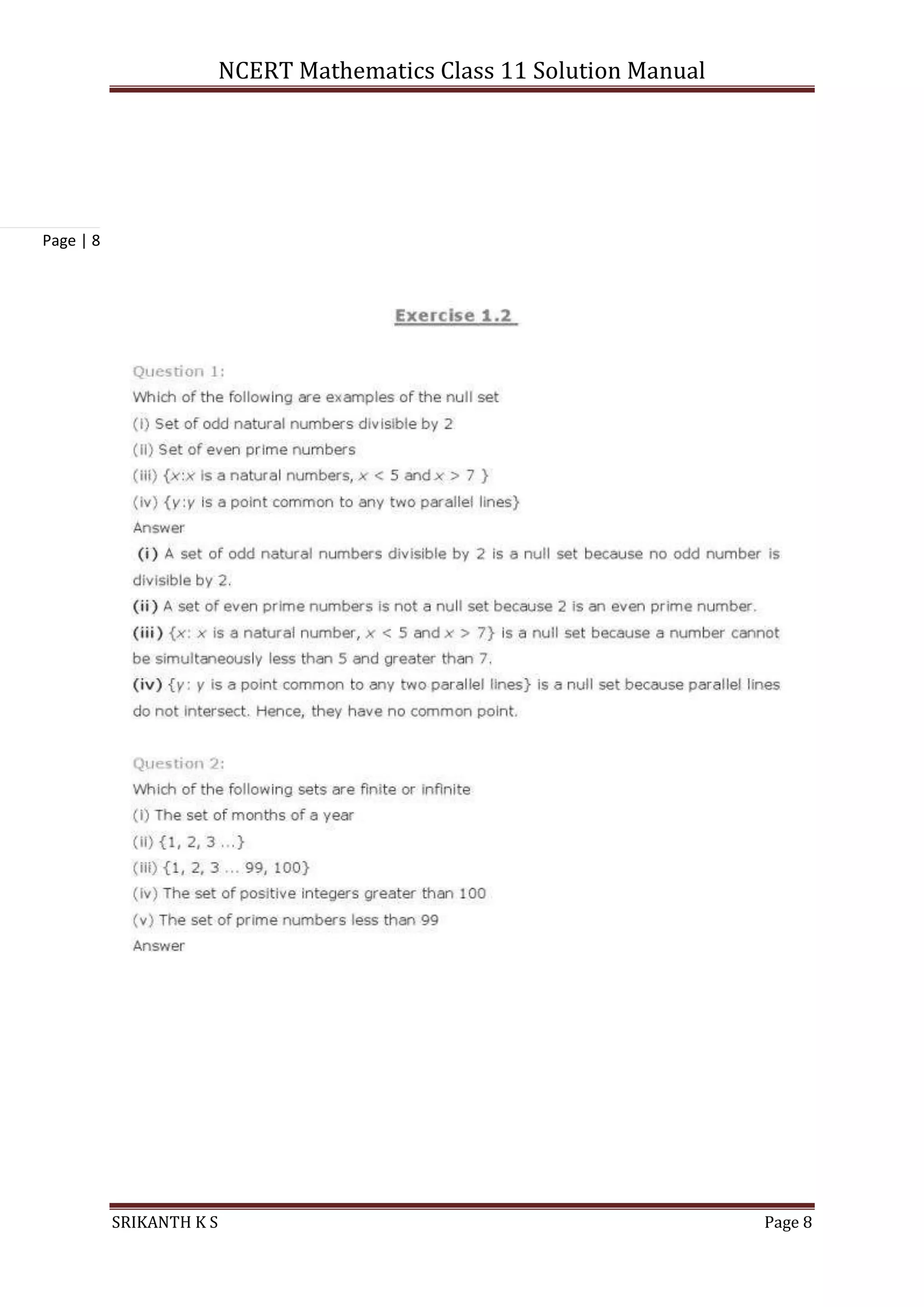 NCERT Mathematics Class 11 Solution Manual
SRIKANTH K S Page 8
Page | 8
 