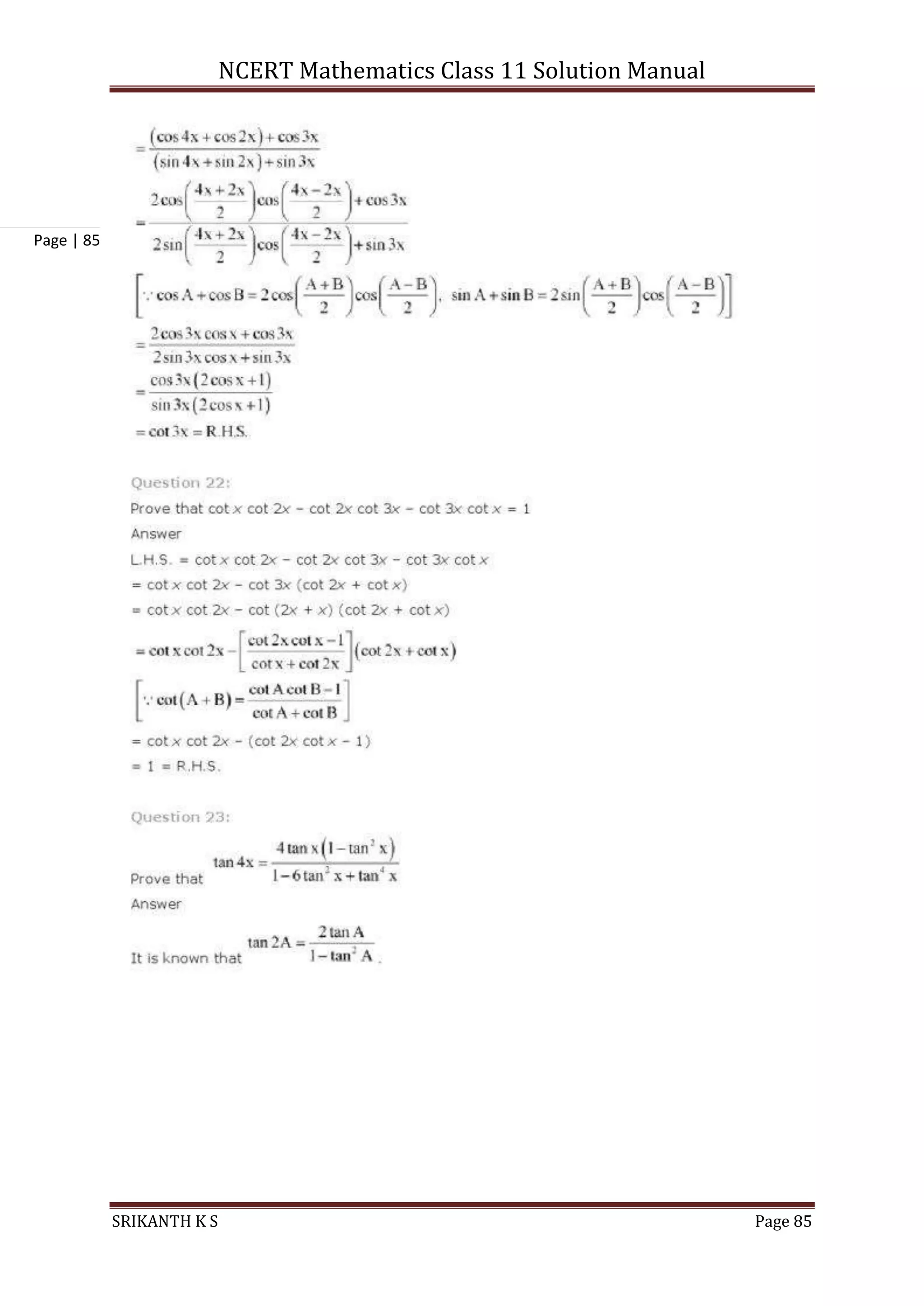 NCERT Mathematics Class 11 Solution Manual
SRIKANTH K S Page 85
Page | 85
 