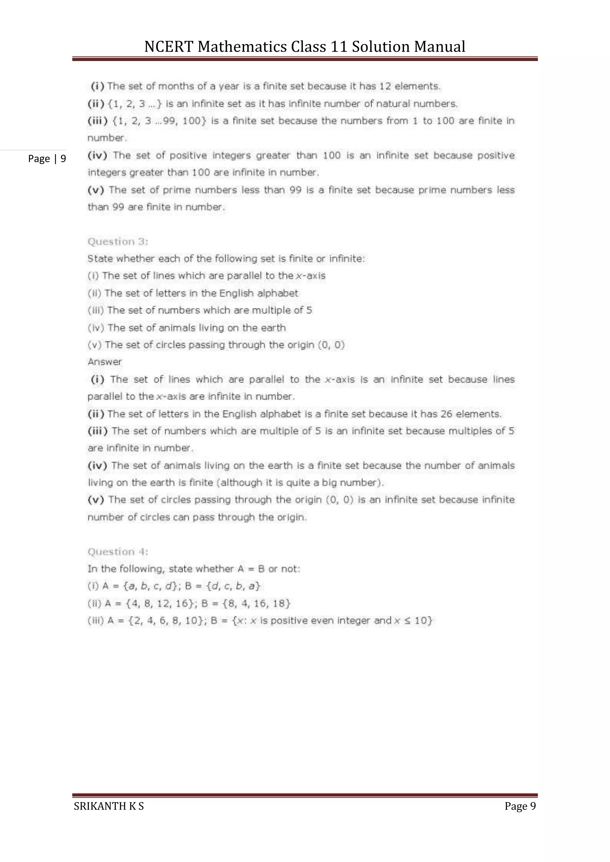 NCERT Mathematics Class 11 Solution Manual
SRIKANTH K S Page 9
Page | 9
 
